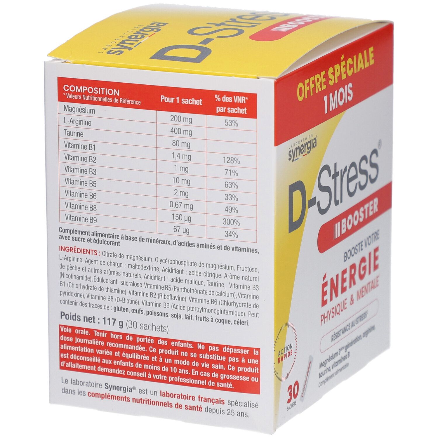 Dos de la boîte "D-Stress Booster". Contient des informations nutritionnelles et des ingrédients. 30 sachets.