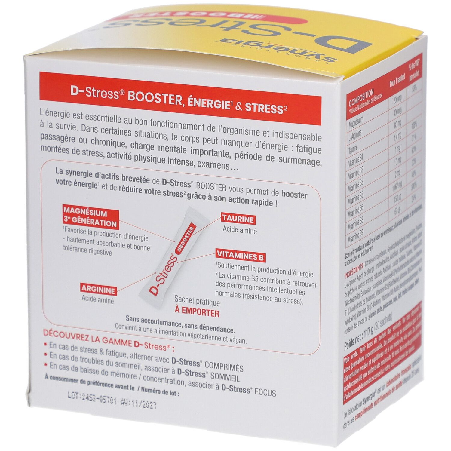 Côté de la boîte "D-Stress Booster". Contient des informations sur les ingrédients et l'utilisation. 30 sachets.