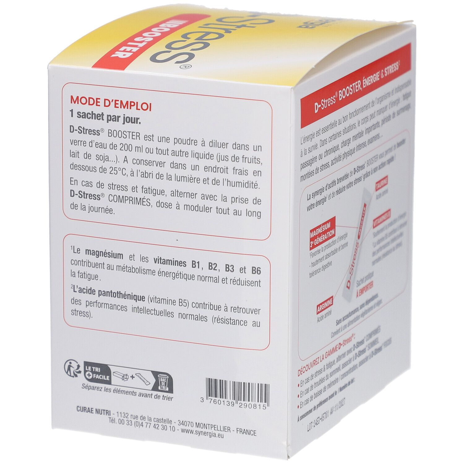 Côté de la boîte "D-Stress Booster". Contient des informations sur l'utilisation. 30 sachets.
