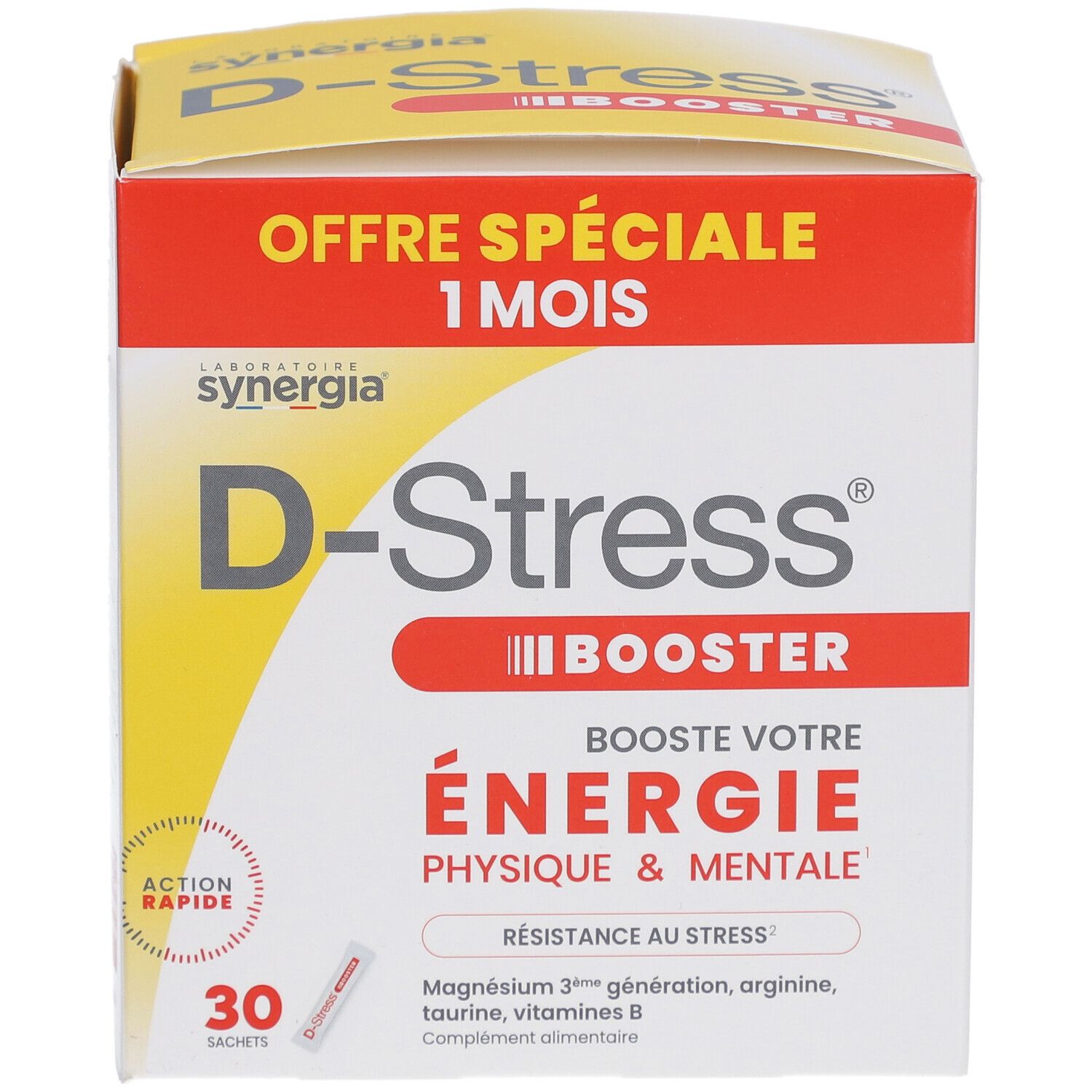 Boîte "D-Stress Booster". Inscription : "Energie physique & mentale". Contient 30 sachets. "Offre spéciale 1 mois".