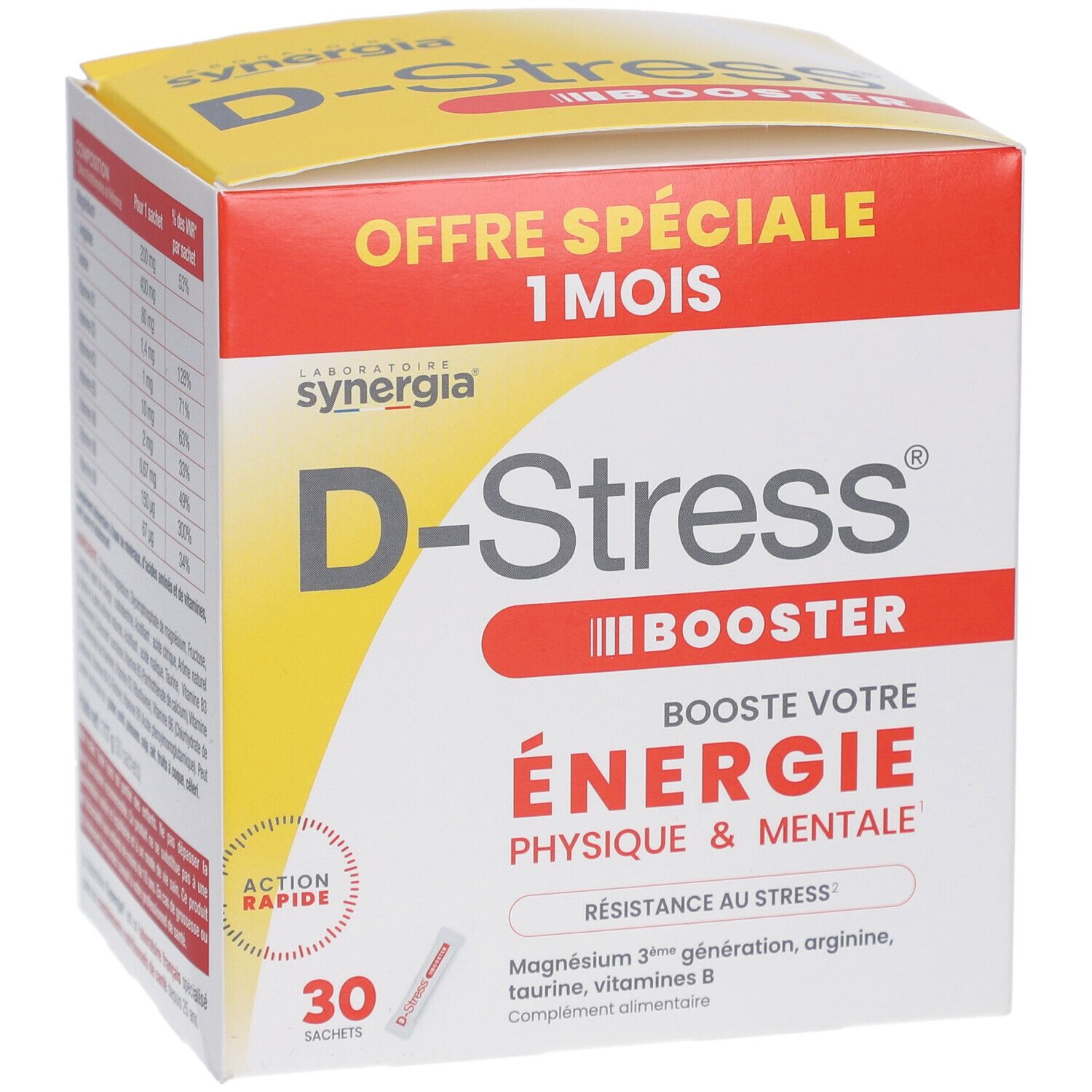 Boîte "D-Stress Booster". Inscription : "Energie physique & mentale". Contient 30 sachets. "Offre spéciale 1 mois".