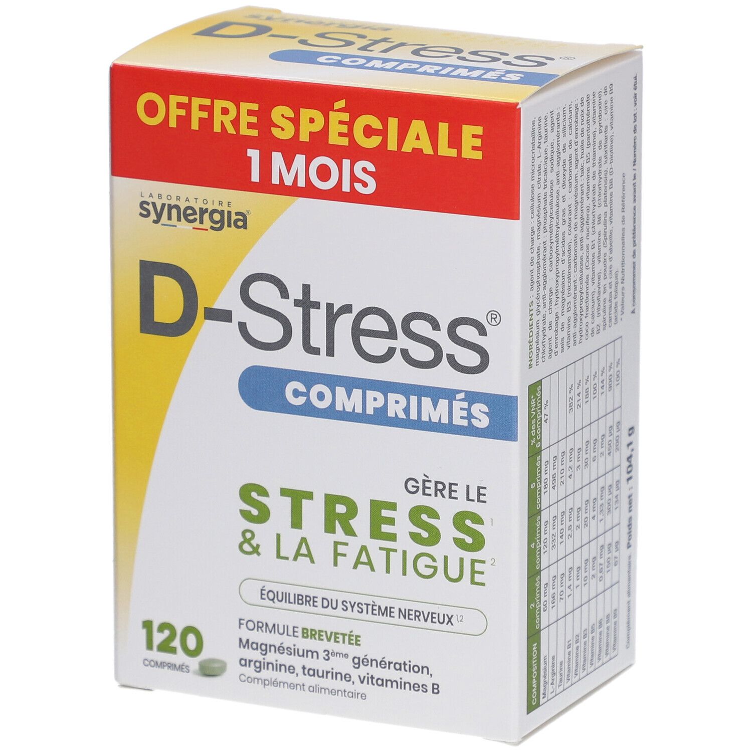Schachtel mit D-Stress Tabletten. Aufschrift: "Stress & Fatigue". Enthält 120 Tabletten.  Zusammensetzung: Magnesium, Arginin, Taurin, Vitamine B.