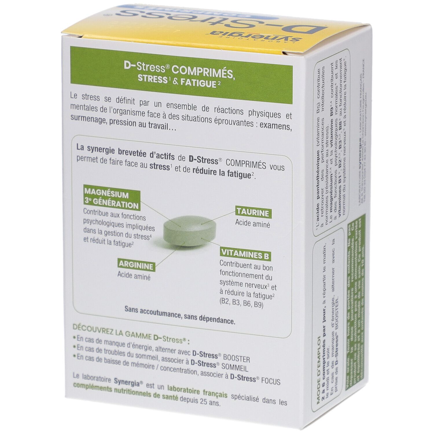 Rückseite der D-Stress Tabletten-Schachtel.  Enthält Informationen zu Inhaltsstoffen und Anwendung.  Ein grüner Tabletten-Ausschnitt ist sichtbar.