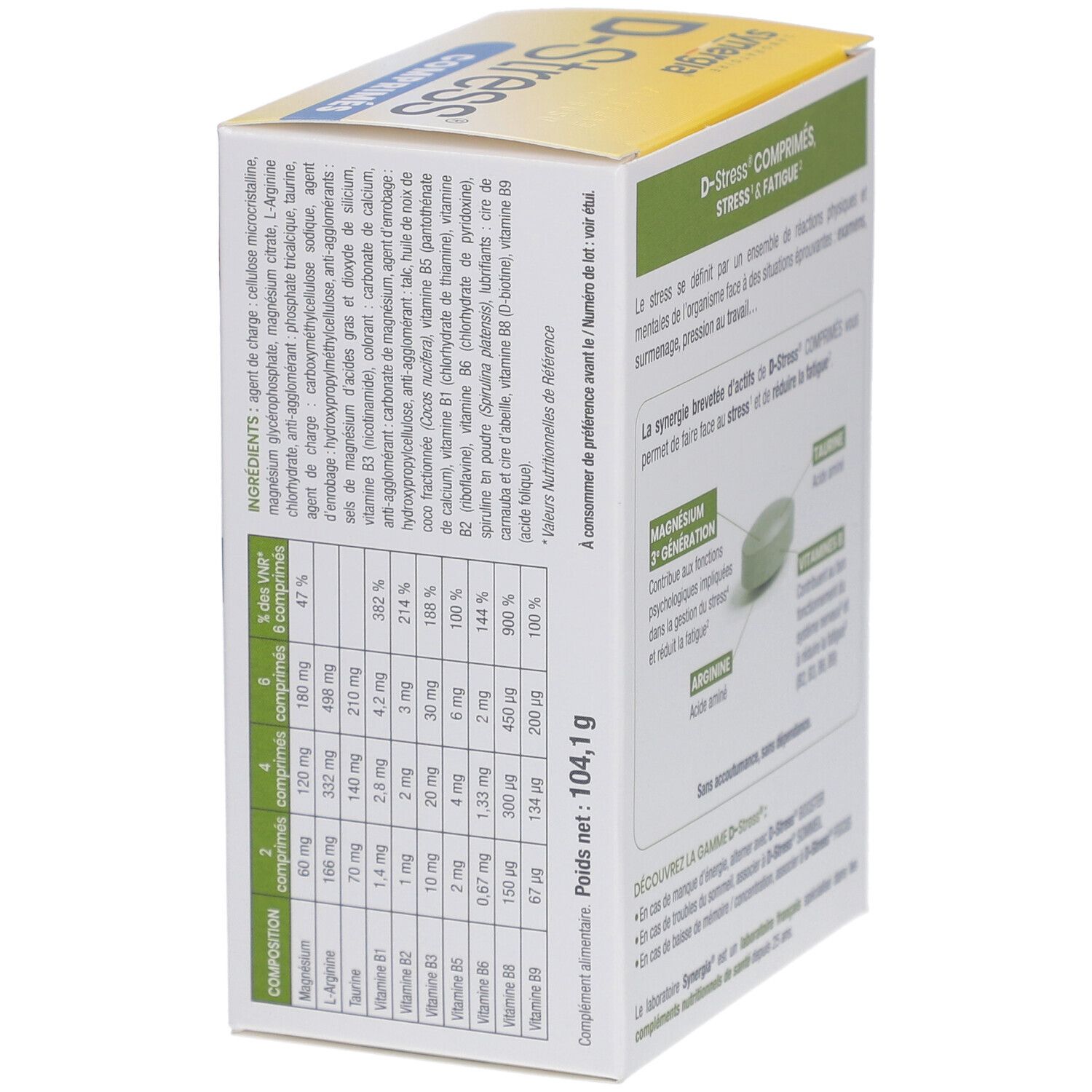 Seitenansicht der D-Stress Tabletten-Schachtel.  Enthält Informationen zu Inhaltsstoffen und Nährwerten.  Gewicht: 104,1 g.