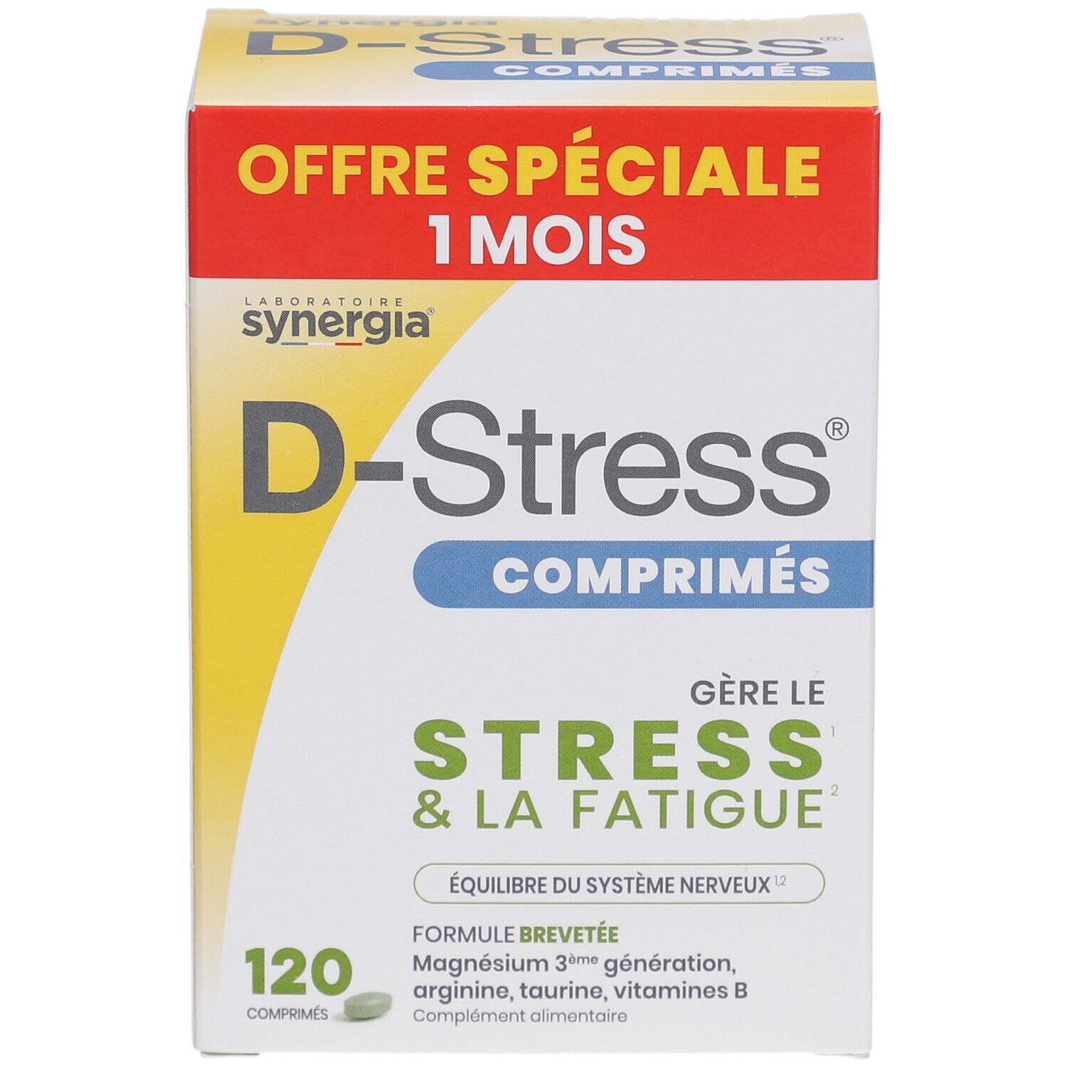D-Stress Tabletten-Schachtel. Aufschrift: "Stress & Fatigue". Enthält 120 Tabletten.  Zusammensetzung: Magnesium, Arginin, Taurin, Vitamine B.