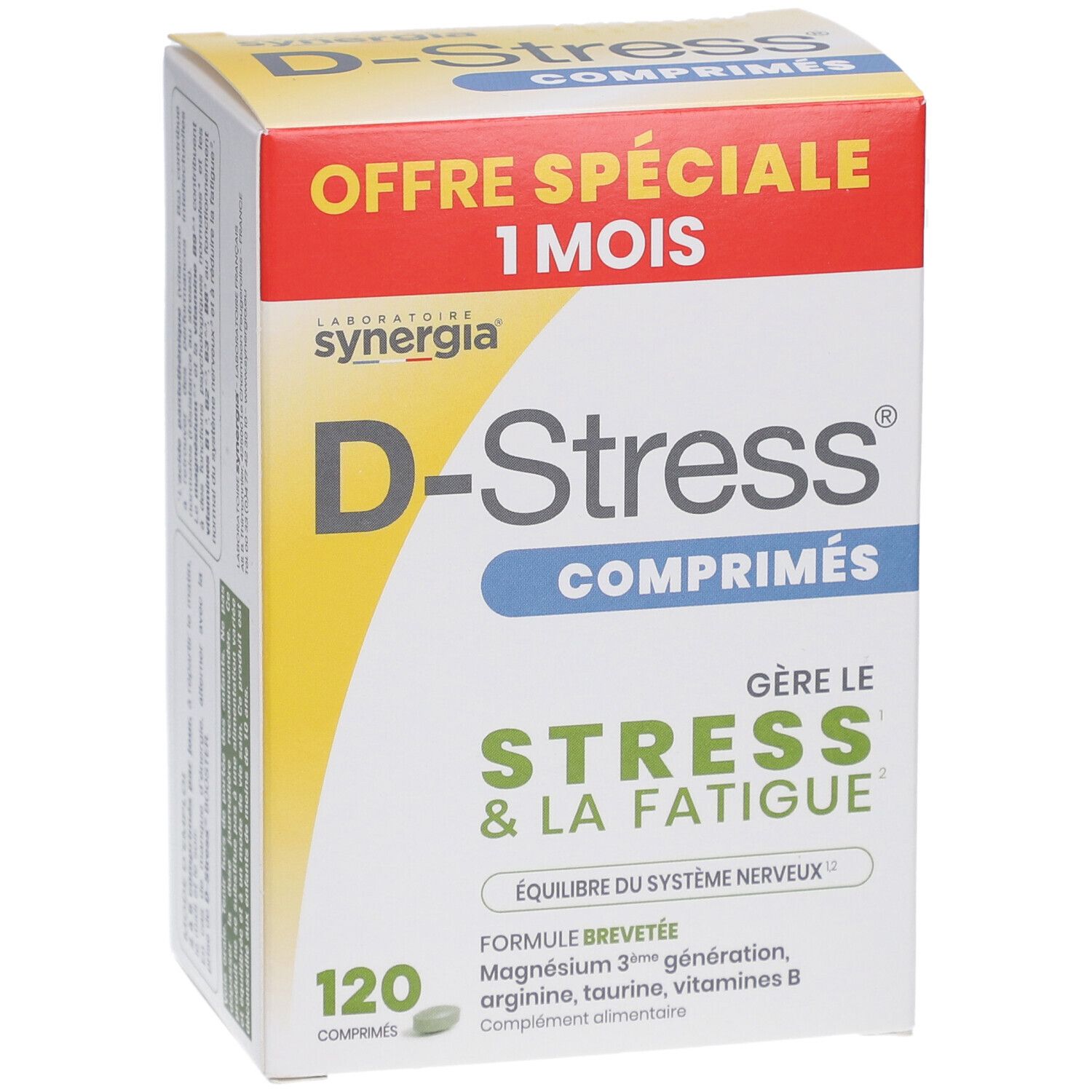 D-Stress Tabletten-Schachtel. Aufschrift: "Stress & Fatigue". Enthält 120 Tabletten.  Zusammensetzung: Magnesium, Arginin, Taurin, Vitamine B.