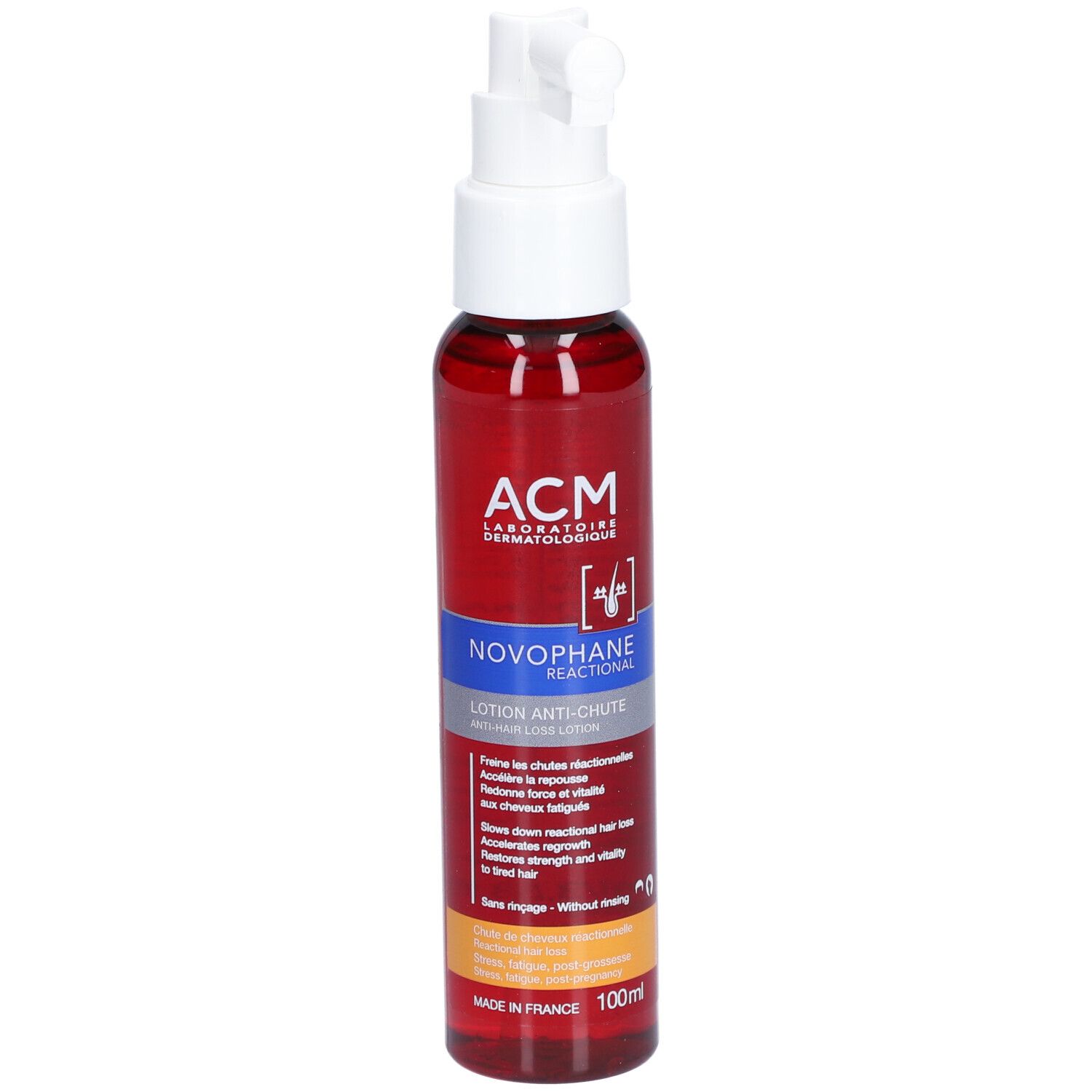 Flacon rouge avec vaporisateur blanc. Inscription: ACM, Novophane Reactional Lotion Anti-chute. 100ml.