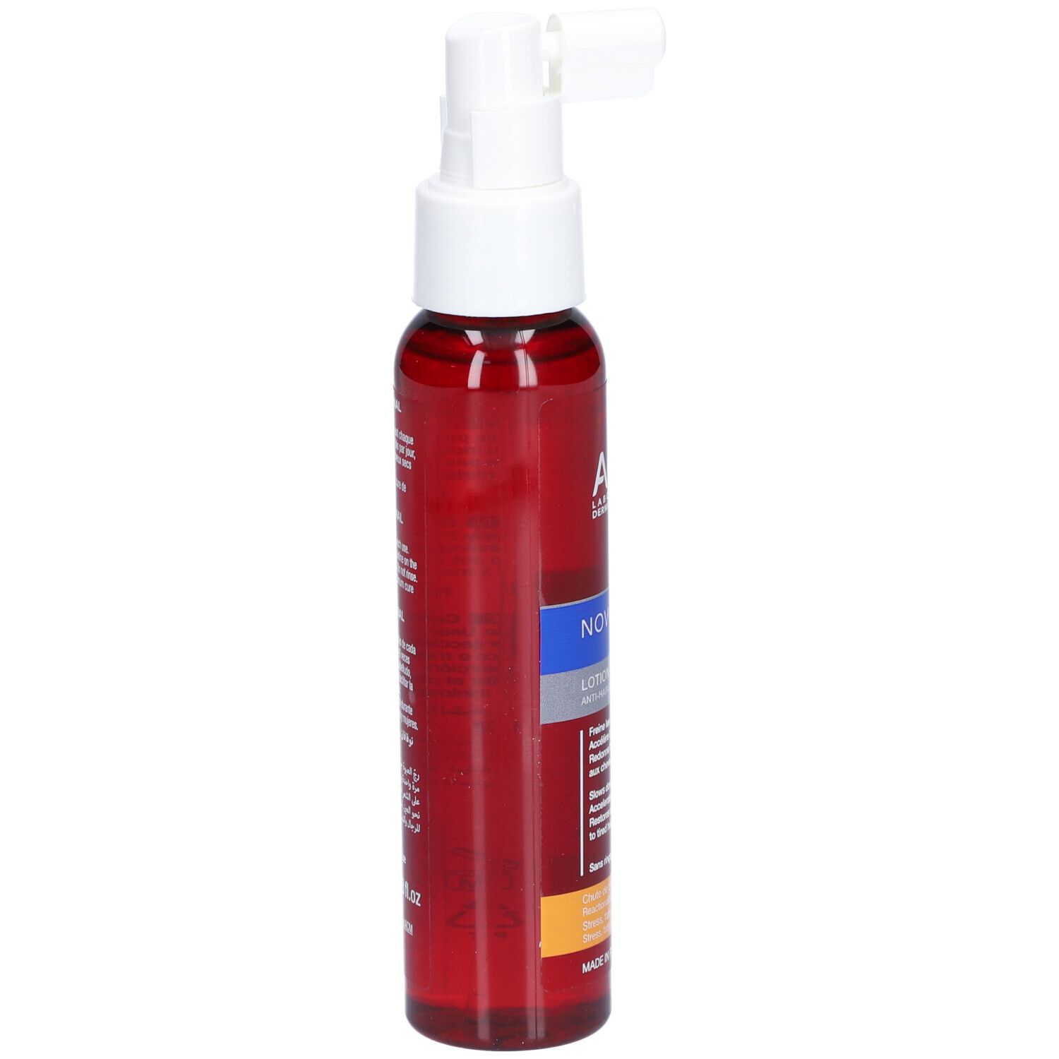 Flacon rouge avec vaporisateur blanc. Inscription: ACM, Novophane Reactional Lotion. Vue latérale.