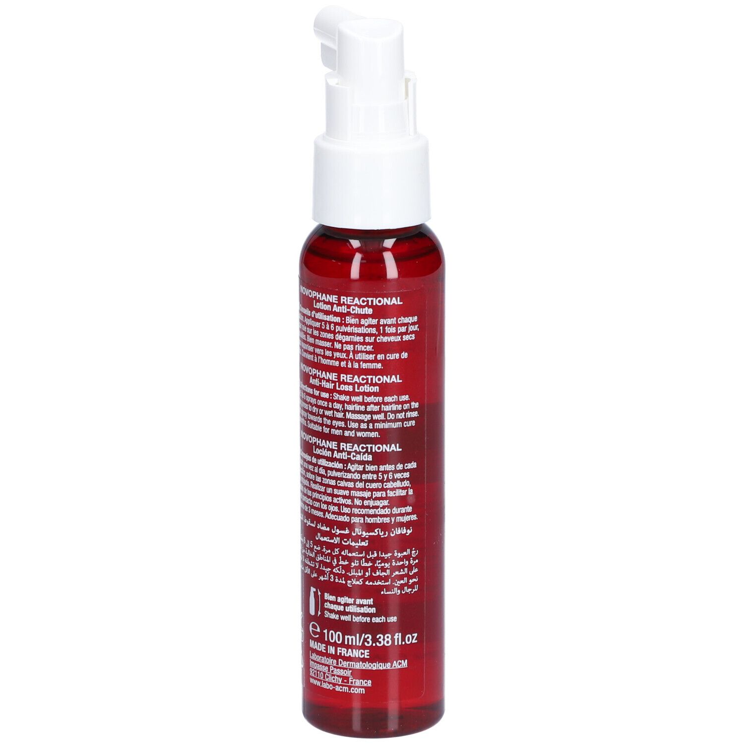 Flacon rouge avec vaporisateur blanc. Dos avec texte. Inscription: Novophane Reactional Lotion Anti-chute. 100ml.