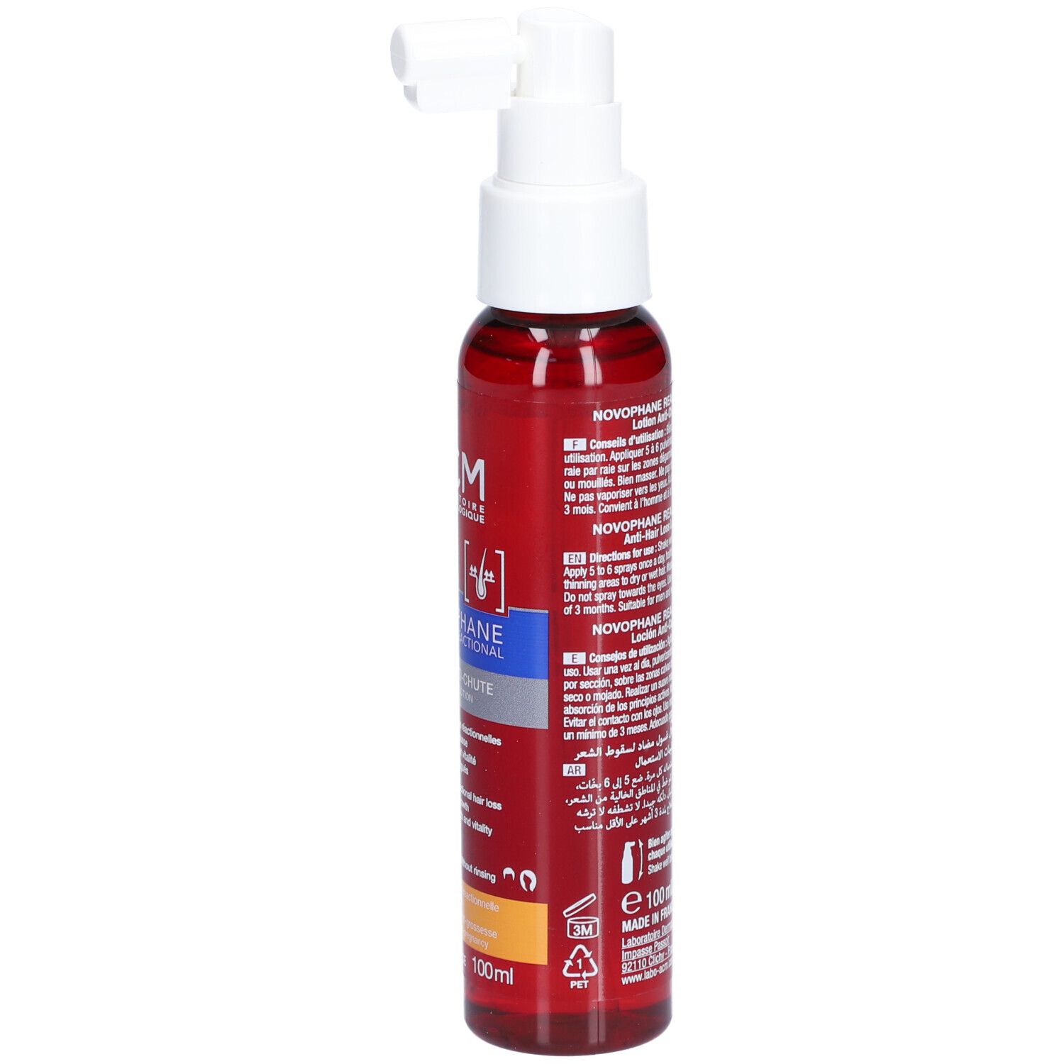 Flacon rouge avec vaporisateur blanc. Inscription: ACM, Novophane Reactional Lotion Anti-chute. 100ml.