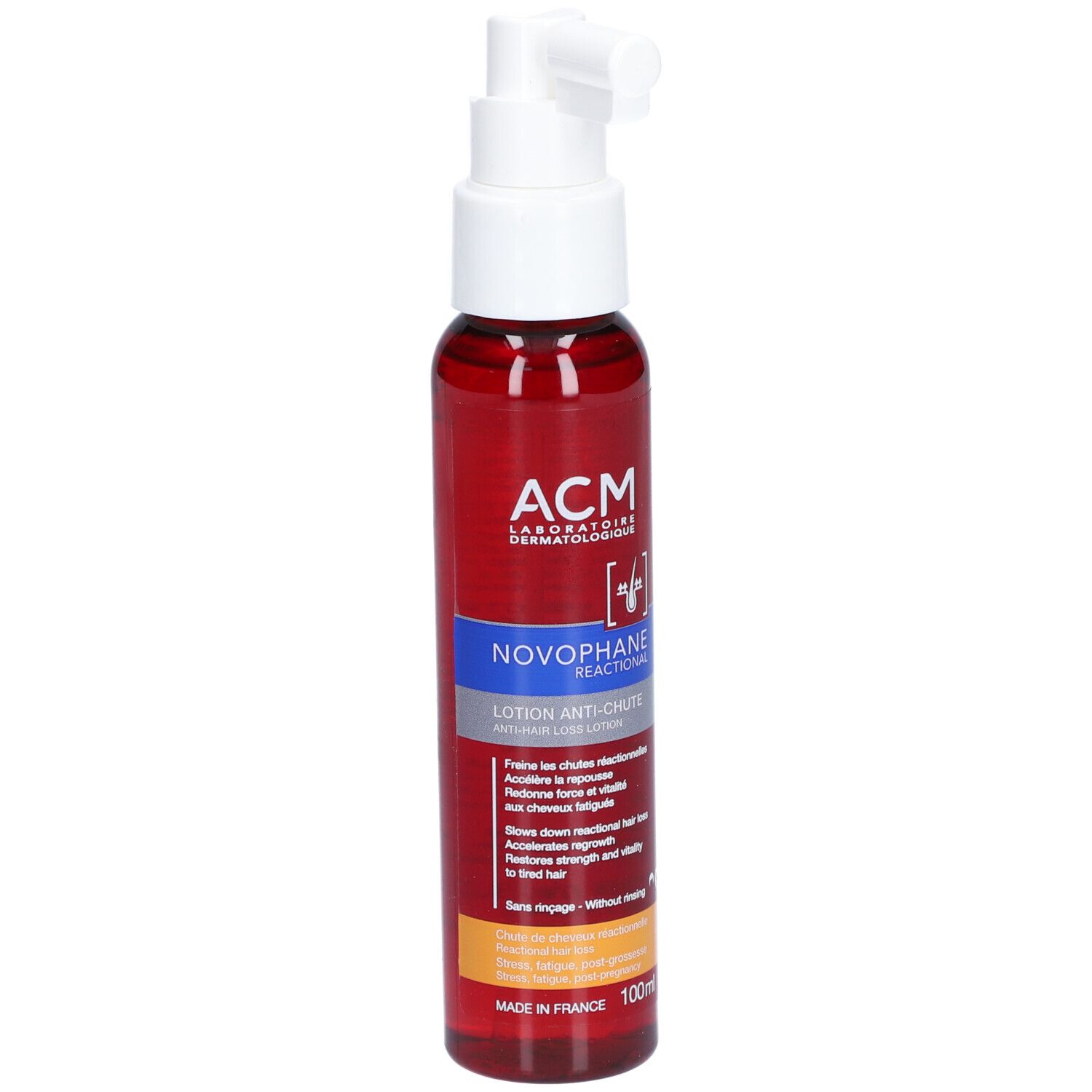 Flacon rouge avec vaporisateur blanc. Inscription: ACM, Novophane Reactional Lotion Anti-chute. 100ml.