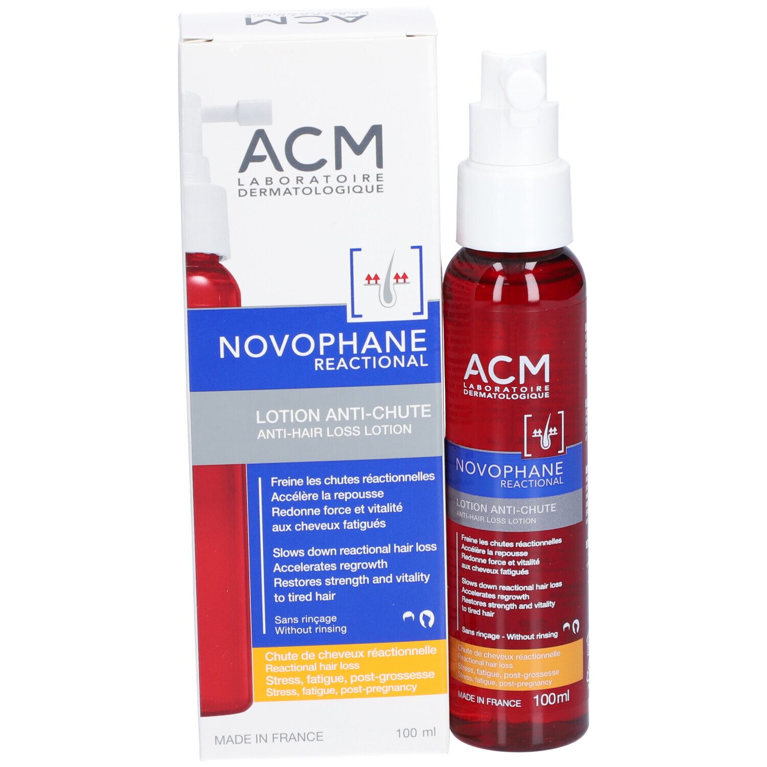 Emballage du produit avec flacon et carton. Inscription: ACM, Novophane Reactional Lotion Anti-chute. 100ml.