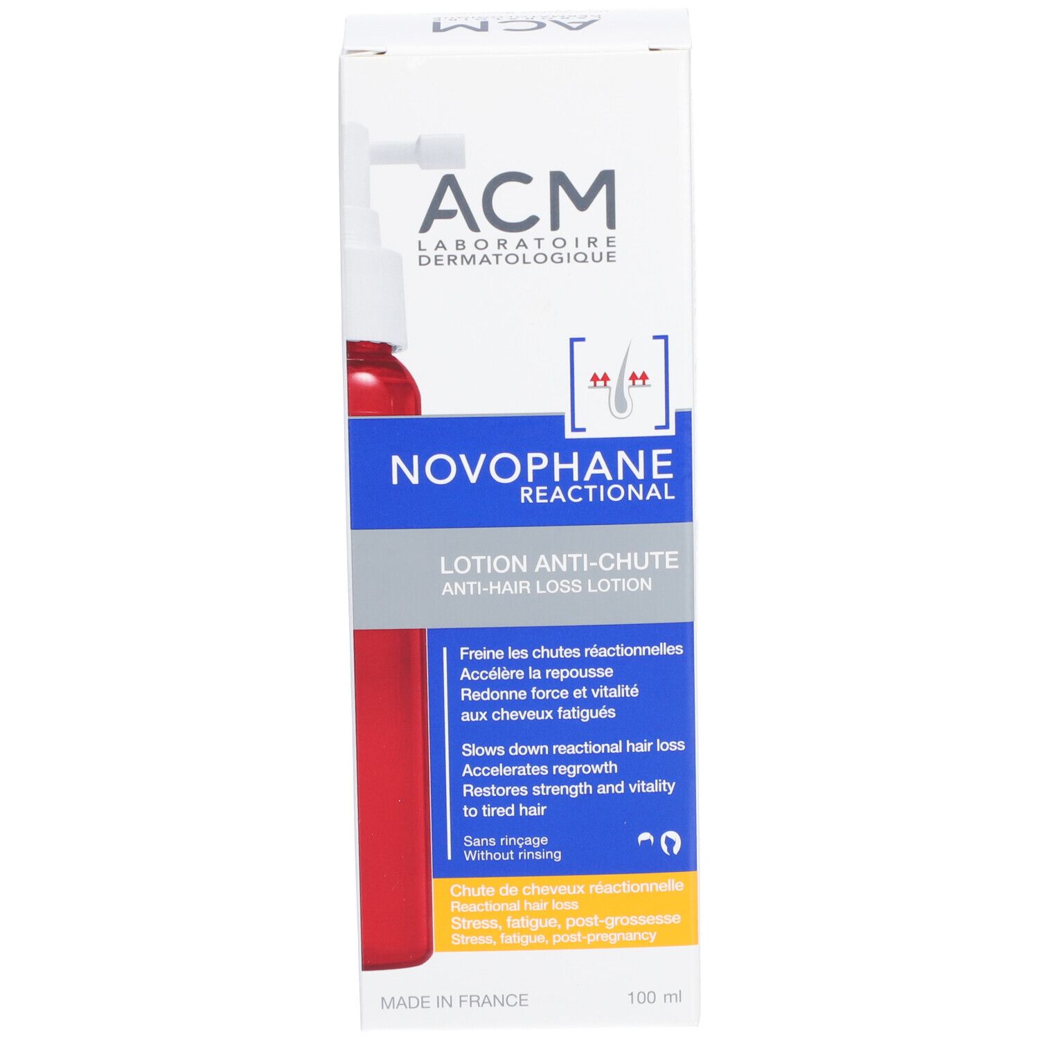 Emballage du produit avec flacon et carton. Inscription: ACM, Novophane Reactional Lotion Anti-chute. 100ml.