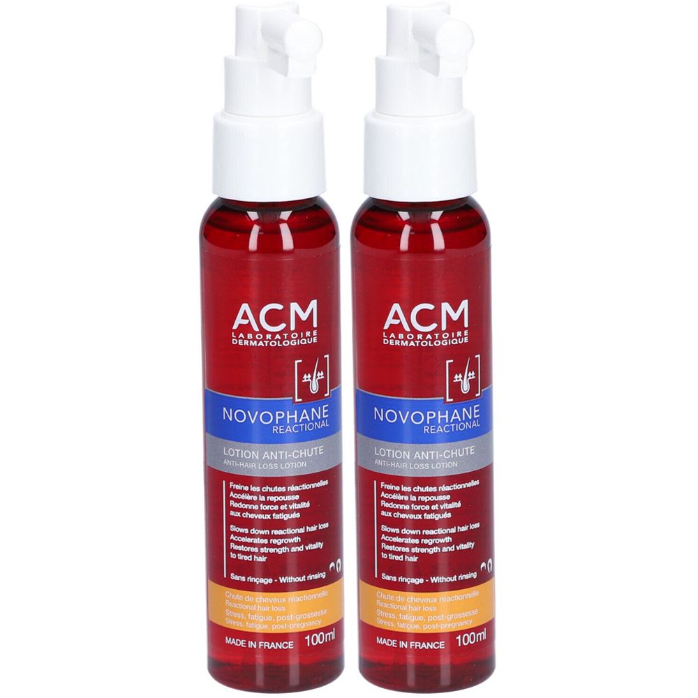Deux flacons rouges avec vaporisateur blanc. Inscription: ACM, Novophane Reactional Lotion Anti-chute. 100ml.