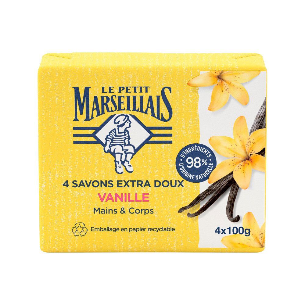 Pack de 4 savons Le Petit Marseillais Vanille, 4x100g. Avec fleurs et gousses de vanille.