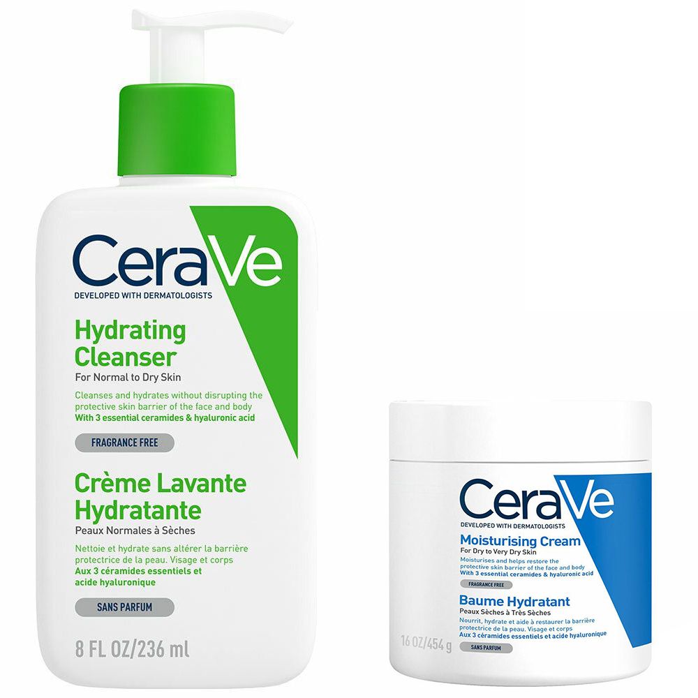 Zwei weiße CeraVe-Produkte. Links: Flasche mit grünem Pumpkopf. Rechts: Tiegel. Beide mit blauer und grüner Beschriftung.