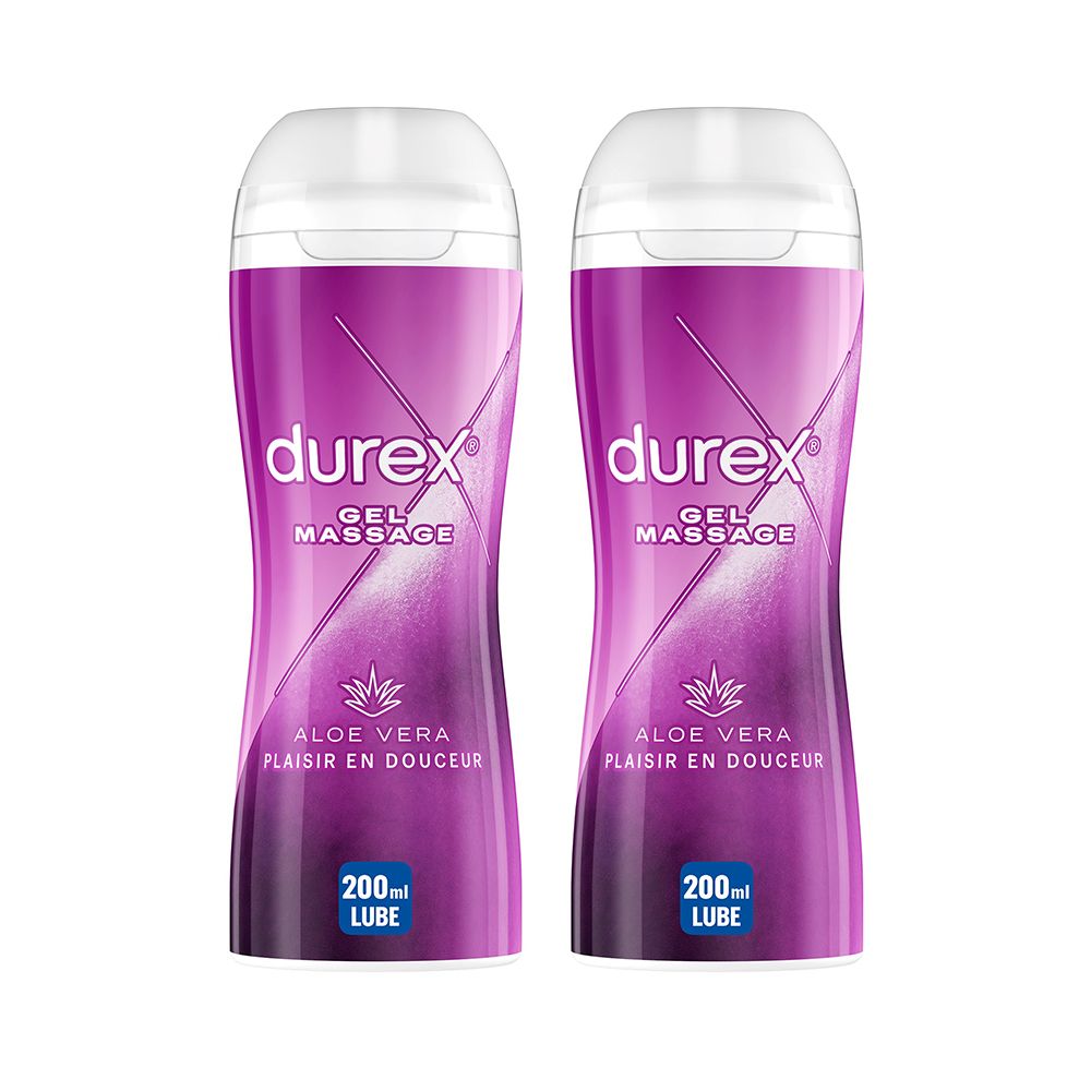 Deux flacons de gel de massage Durex. Flacons violets avec bouchon blanc. Texte: Aloe Vera, Plaisir en douceur.