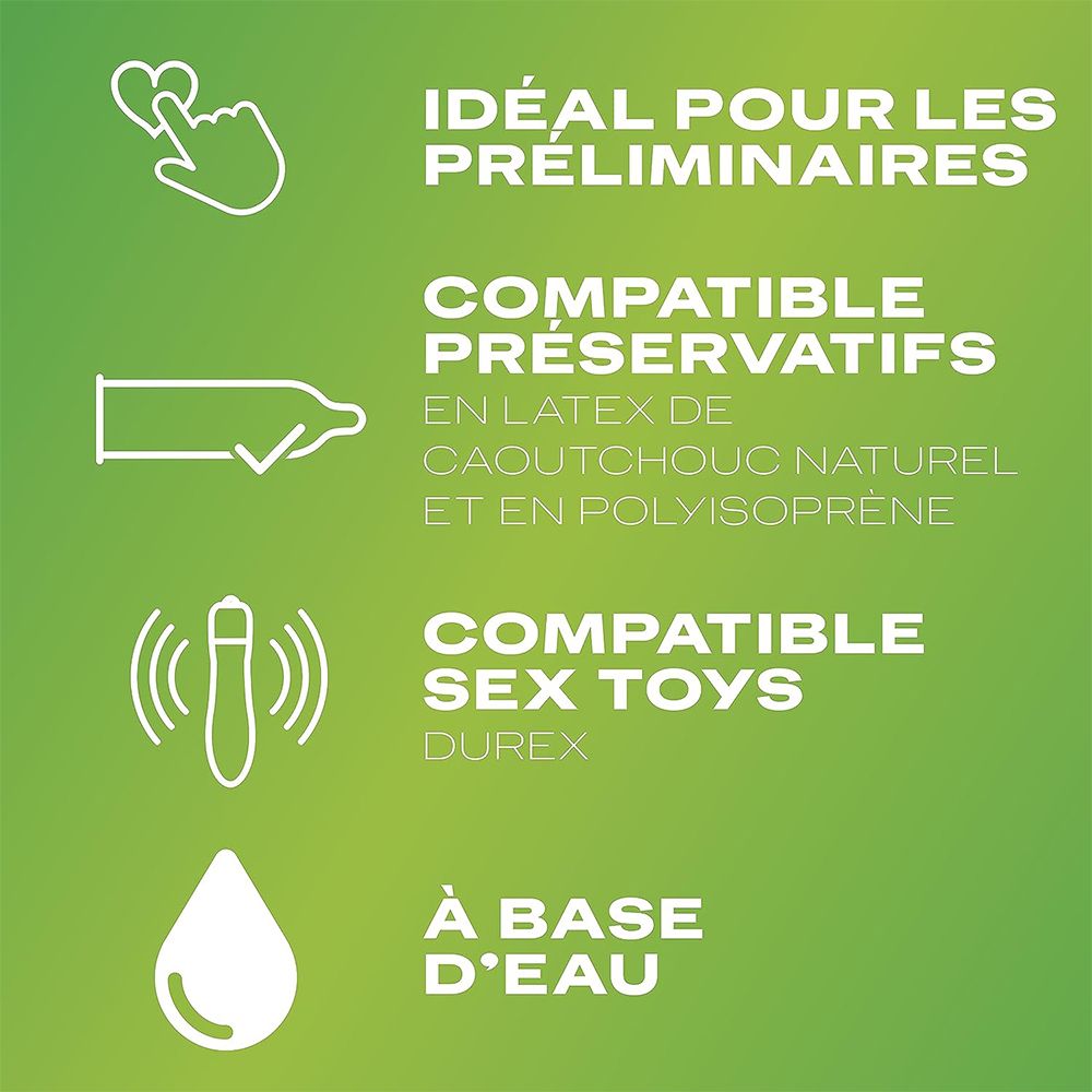 Graphique avec symboles et texte. Texte: Idéal pour les préliminaires, Compatible préservatifs, Compatible sex toys, À base d'eau.