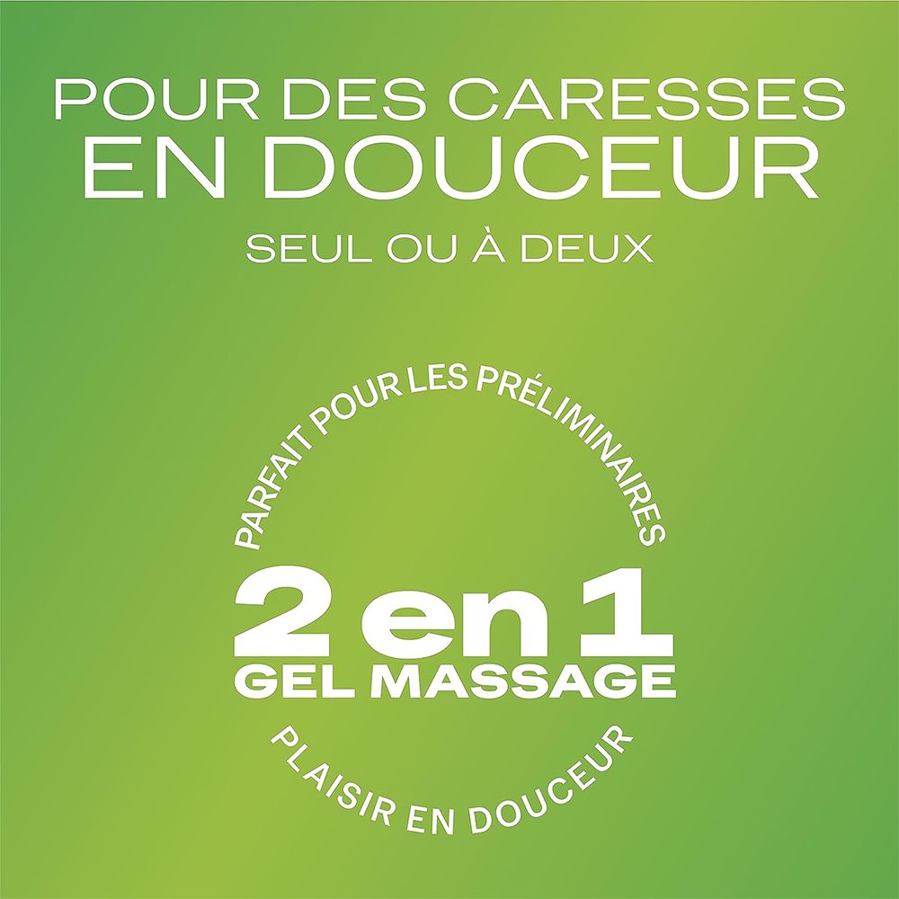 Texte sur fond vert. Texte: Pour des caresses en douceur, 2 en 1 Gel Massage, Plaisir en douceur.