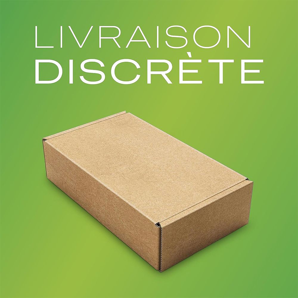 Boîte rectangulaire marron. Texte: Livraison discrète.