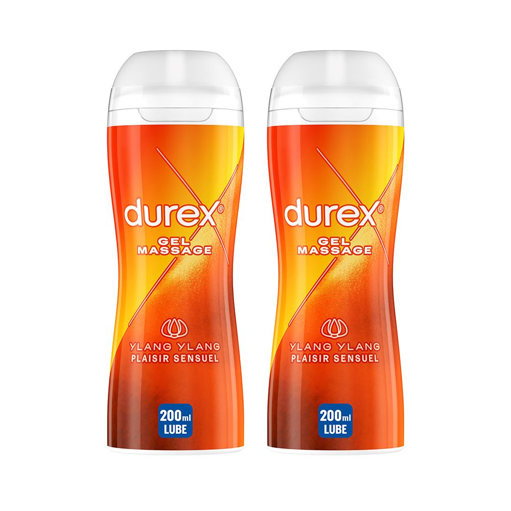 Deux flacons de gel de massage Durex. Couleurs orange et jaune. Bouchon blanc. Inscriptions: Durex, Gel Massage, Ylang Ylang, Lube.