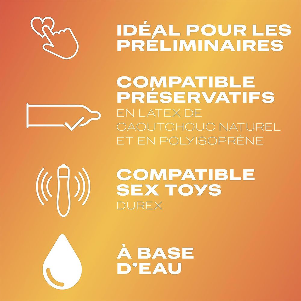 Texte sur fond orange. Textes: Idéal pour les préliminaires, compatible préservatifs, compatible sex toys, à base d'eau.