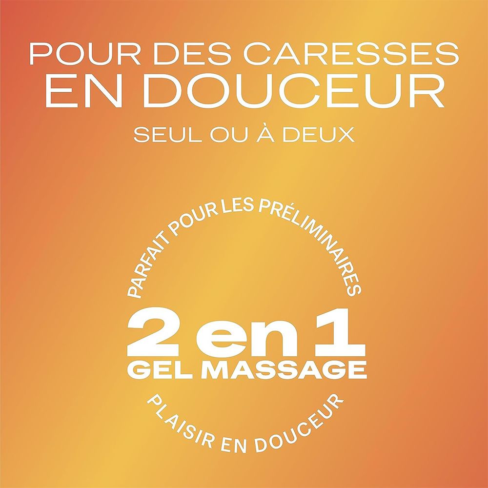 Texte sur fond orange. Textes: Pour des caresses en douceur, 2 en 1 gel massage, parfait pour les préliminaires, plaisir en douceur.