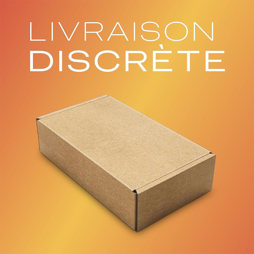 Boîte en carton marron sur fond orange. Inscription: Livraison discrète.