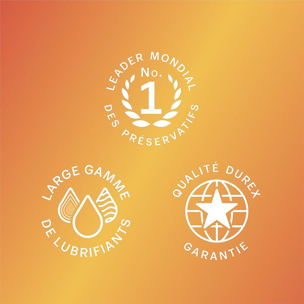 Trois logos sur fond orange. Logos: Leader mondial des préservatifs, large gamme de lubrifiants, qualité Durex garantie.