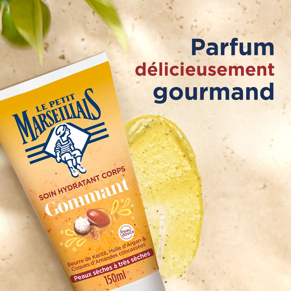 Tube jaune et produit sur fond. Texte: Soin Hydratant Corps, Gommant. Texte: Parfum délicieusement gourmand.