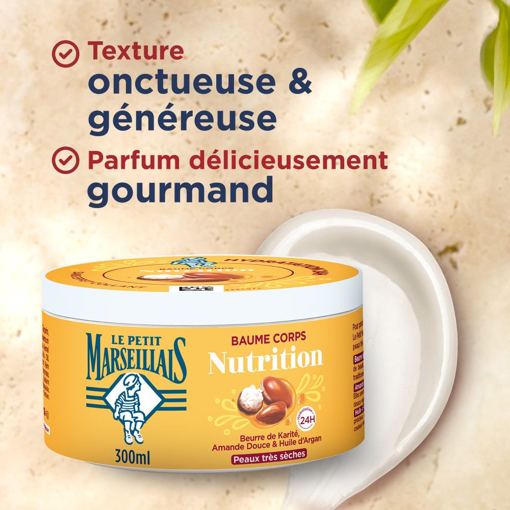 Gelbe Dose mit weißem Deckel. Aufschrift: Le Petit Marseillais, Baume Corps Nutrition. Textur, Parfum.