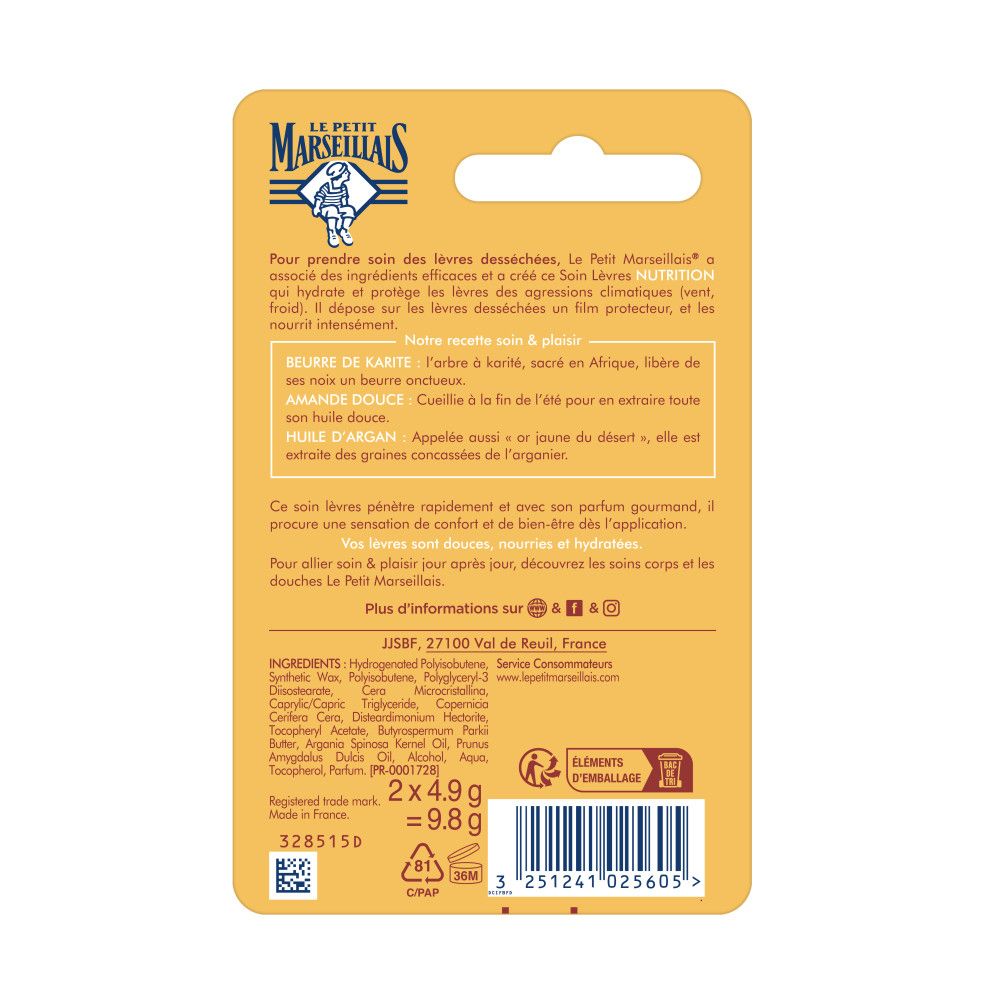 Dos de l'emballage blister. Ingrédients, informations sur la marque Le Petit Marseillais. 2x4.9g = 9.8g. Code-barres.