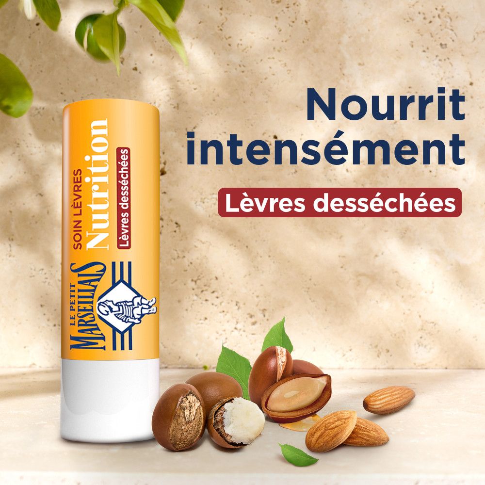 Stick de soin des lèvres Le Petit Marseillais. Nutrition, lèvres sèches. Amandes, beurre de karité et huile d'argan.