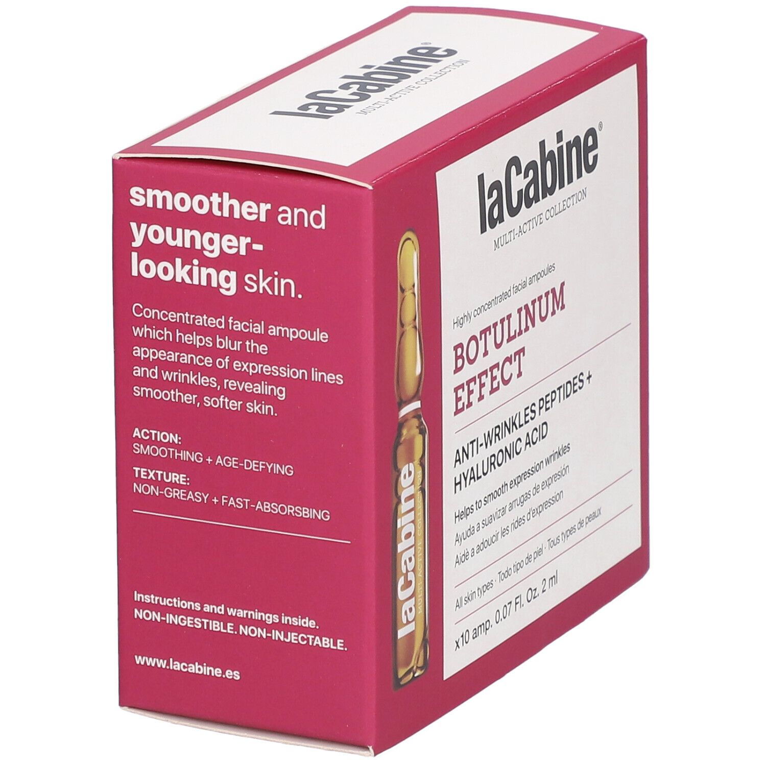 Boîte laCabine Botulinum Effect. Texte: peau plus lisse et jeune. Ampoule visible.