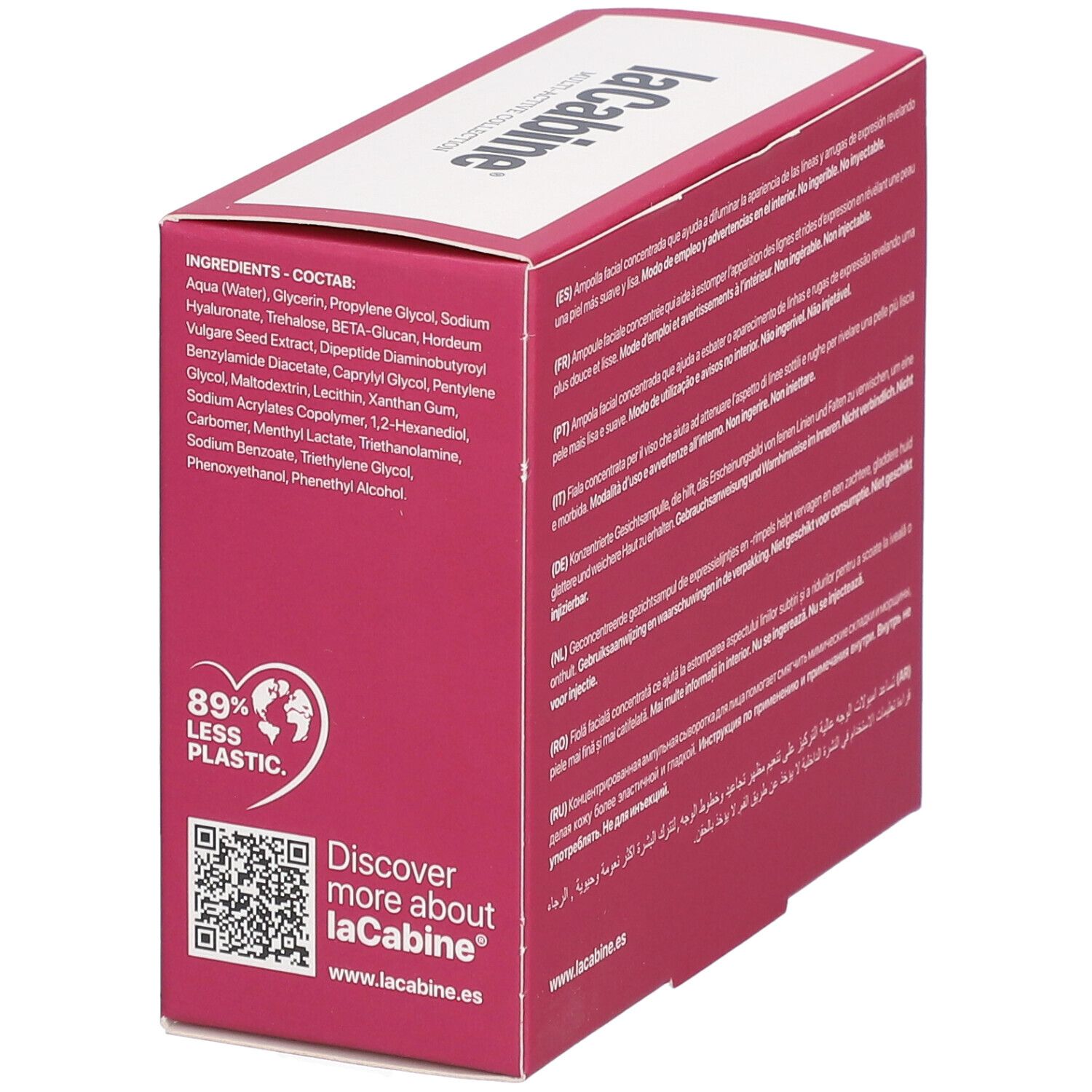 Boîte laCabine Botulinum Effect. Ingrédients, QR code, 89% moins de plastique.
