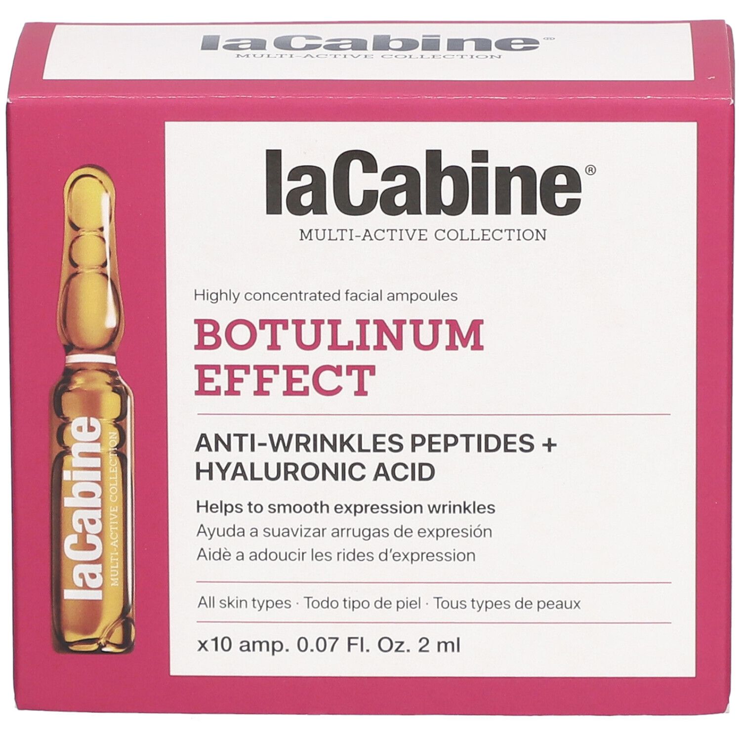 Boîte laCabine Botulinum Effect. Ampoule visible. Contient acide hyaluronique et peptides.