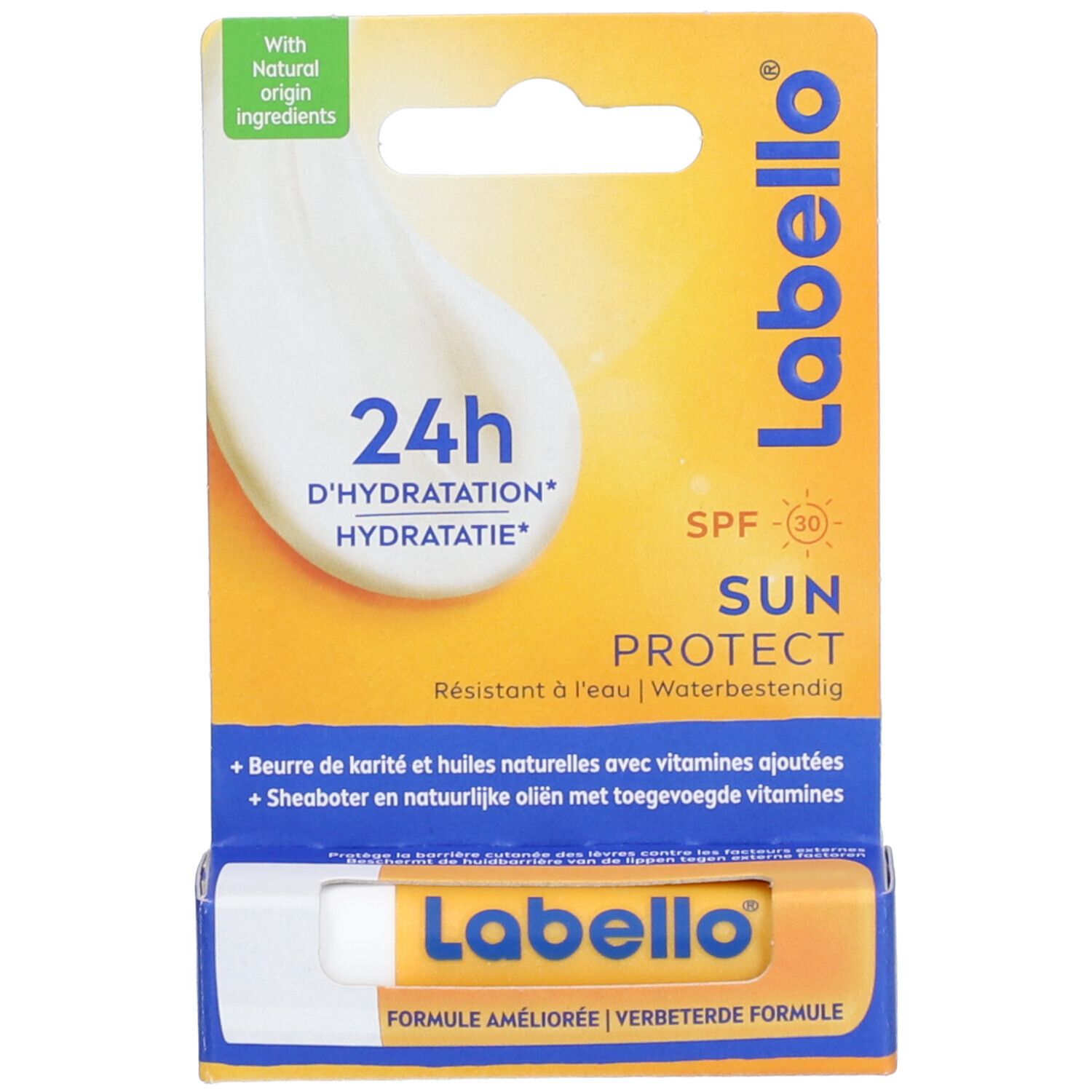 Labello Sun Protect Lippenpflegestift in Blisterverpackung. Gelb-orangefarbenes Design mit Produktinformationen und SPF 30.