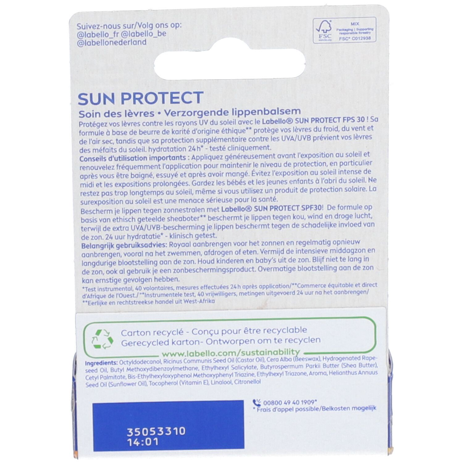 Rückseite der Labello Sun Protect Verpackung. Textinformationen, Inhaltsstoffe, Recycling-Symbol und Kontaktinformationen.
