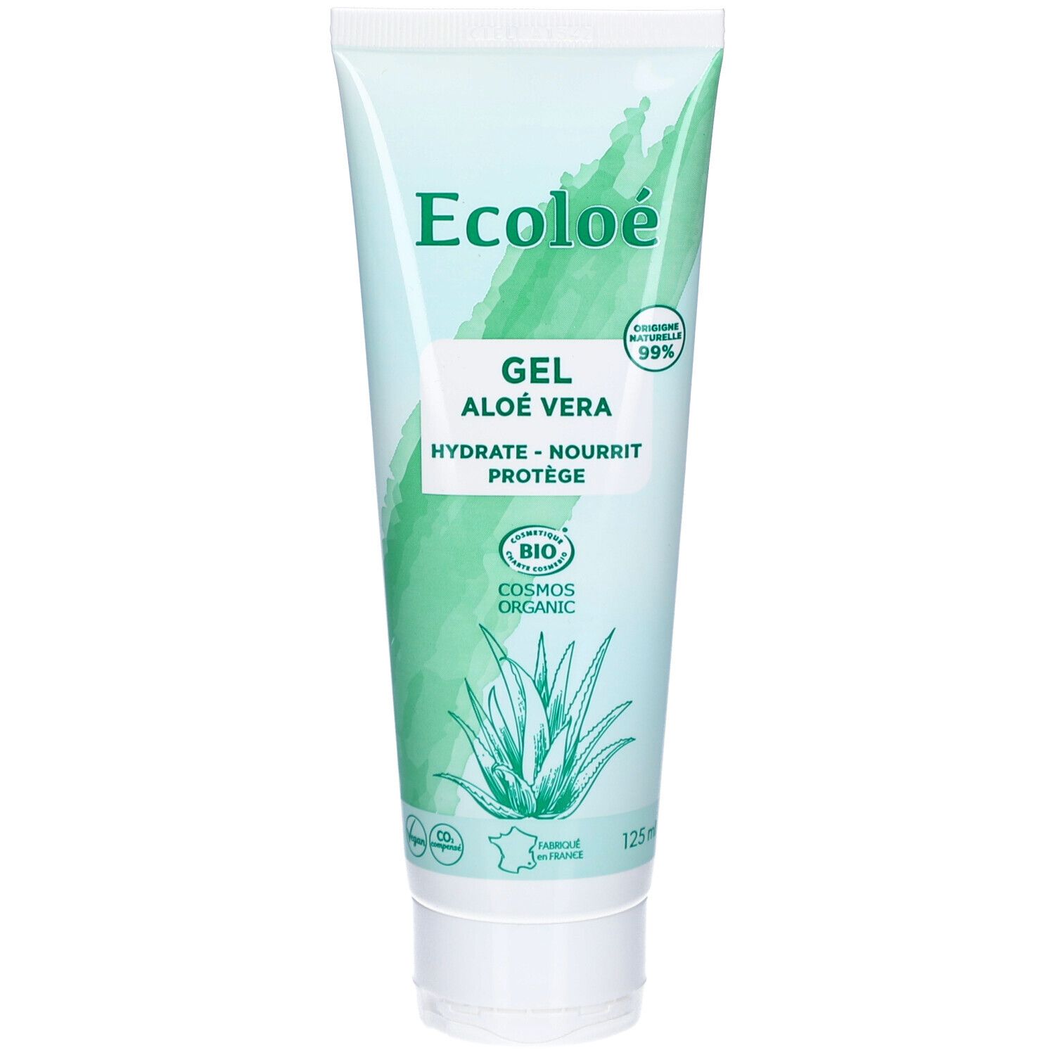Tube mit grünem Design. Aufschrift: Ecoloé Gel Aloe Vera. Enthält Bio-Zertifizierung und 99% Inhaltsstoffe natürlichen Ursprungs.