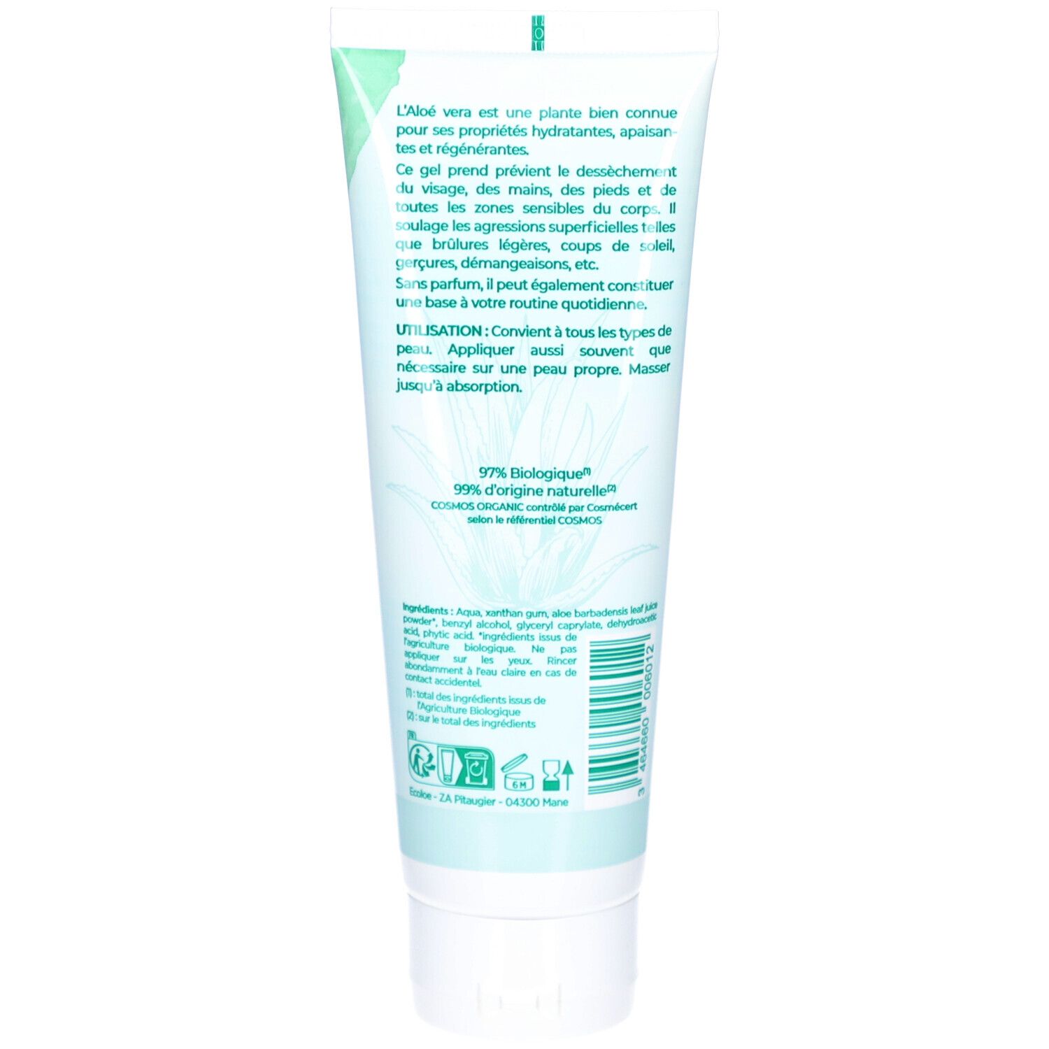 Rückseite des Tubus. Text in französischer Sprache. Enthält Informationen über Inhaltsstoffe und Bio-Zertifizierung.