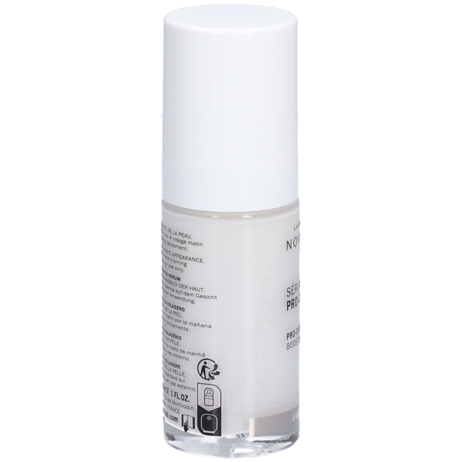 Klarflasche mit weißem Deckel. Rückseite mit Text. Aufschrift: Novexpert, Sérum Booster Pro-Collagen, Pro-Collagen Booster Serum.