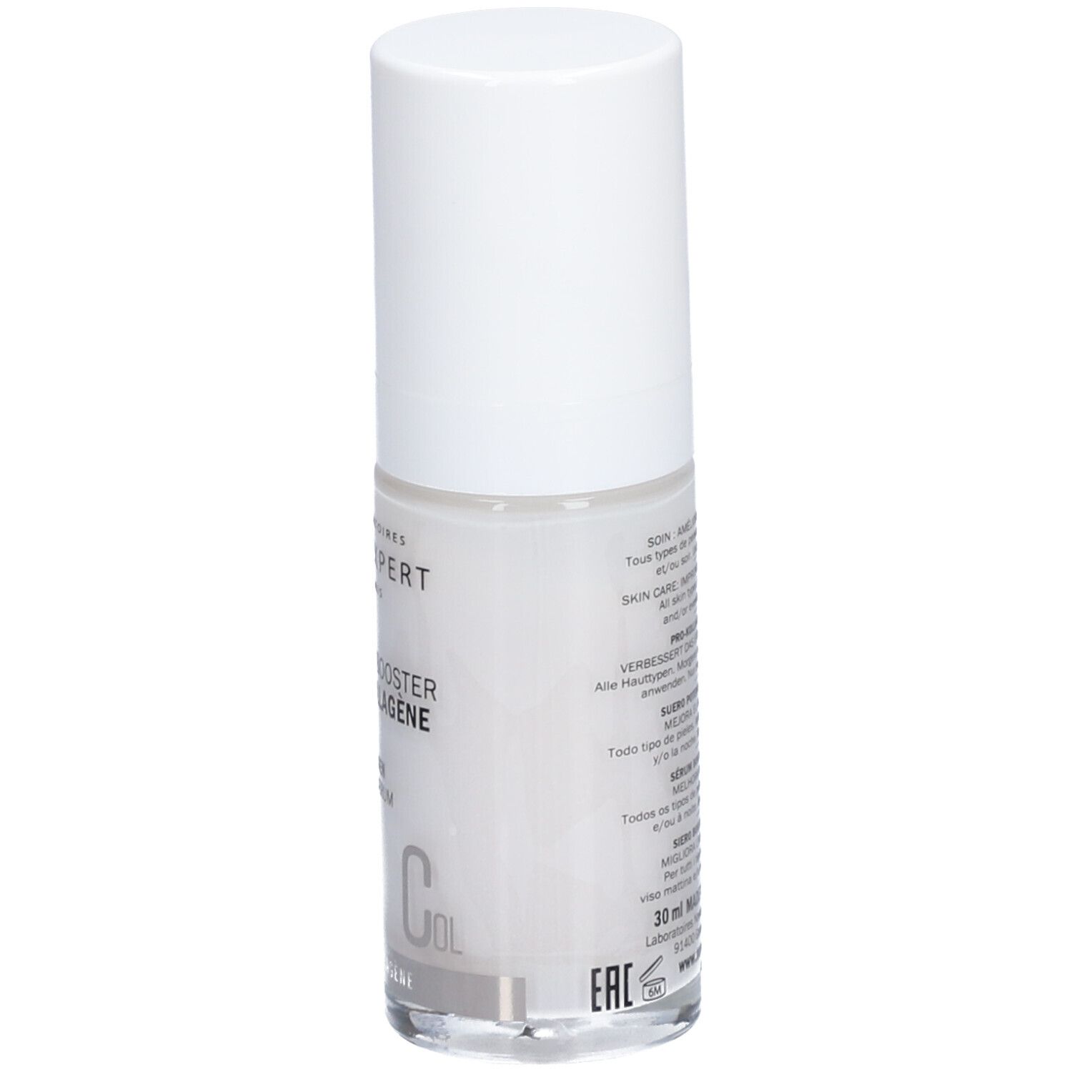 Klarflasche mit weißem Deckel. Rückseite mit Text. Aufschrift: Novexpert, Sérum Booster Pro-Collagen, Pro-Collagen Booster Serum.