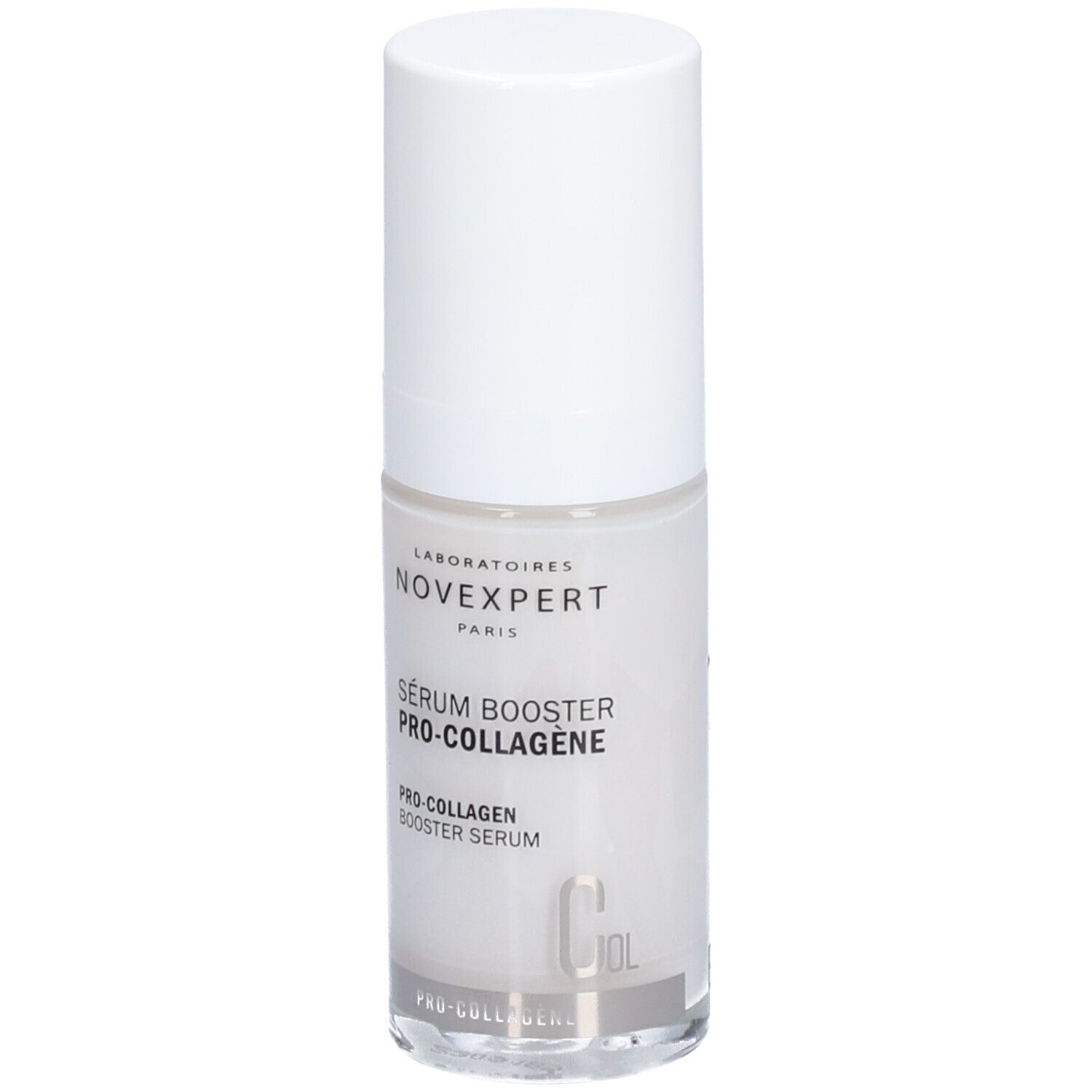 Klarflasche mit weißem Deckel. Aufschrift: Novexpert, Sérum Booster Pro-Collagen, Pro-Collagen Booster Serum.