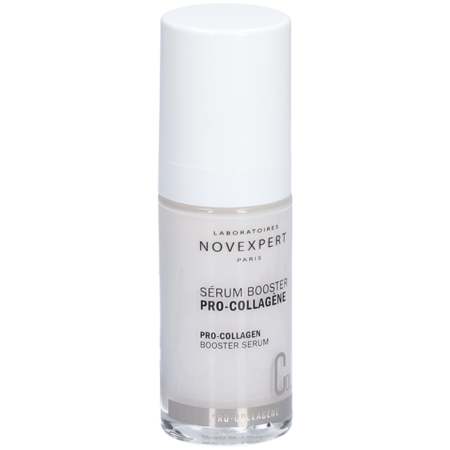 Klarflasche mit weißem Deckel. Aufschrift: Novexpert, Sérum Booster Pro-Collagen, Pro-Collagen Booster Serum.