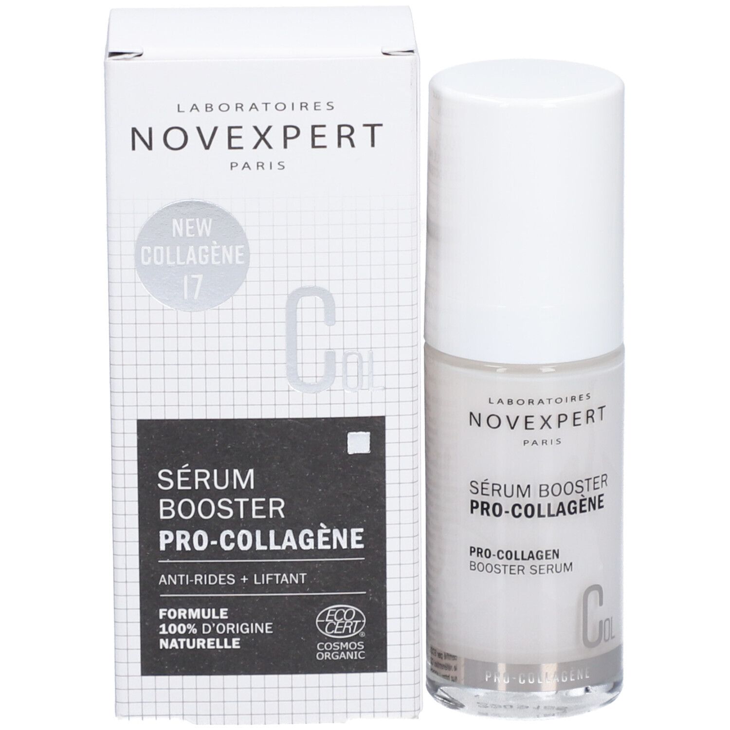 Produktflasche und Verpackung. Aufschrift: Novexpert, Sérum Booster Pro-Collagen, Anti-Rides + Liftant, Cosmos Organic.