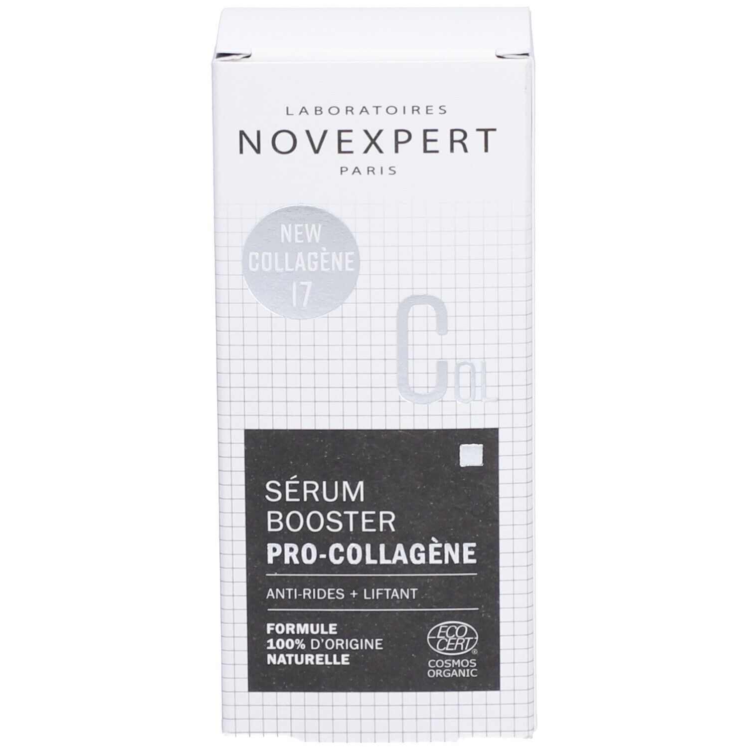 Produktverpackung. Aufschrift: Novexpert, Sérum Booster Pro-Collagen, Anti-Rides + Liftant, Cosmos Organic.