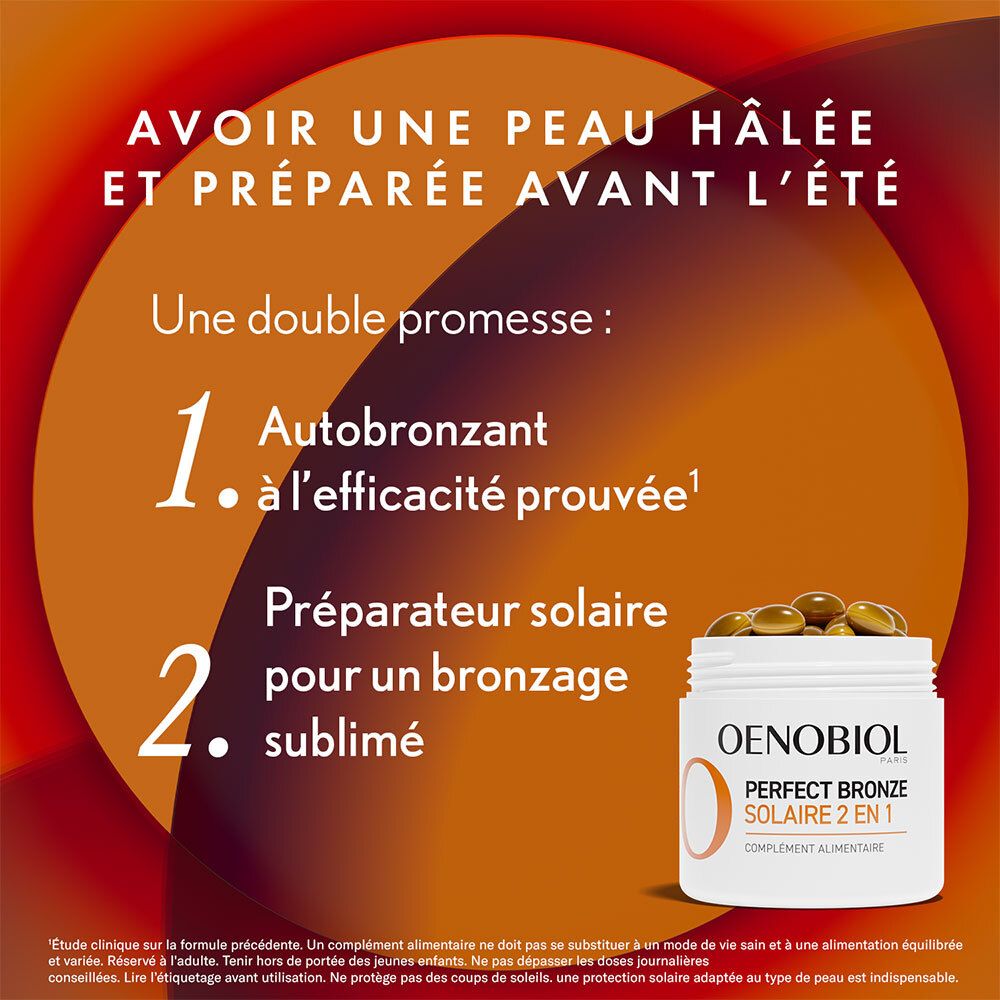 Oenobiol Perfect Bronze Solaire 2 en 1. Pot avec capsules. Inscriptions: Autobronzant, Préparateur solaire.