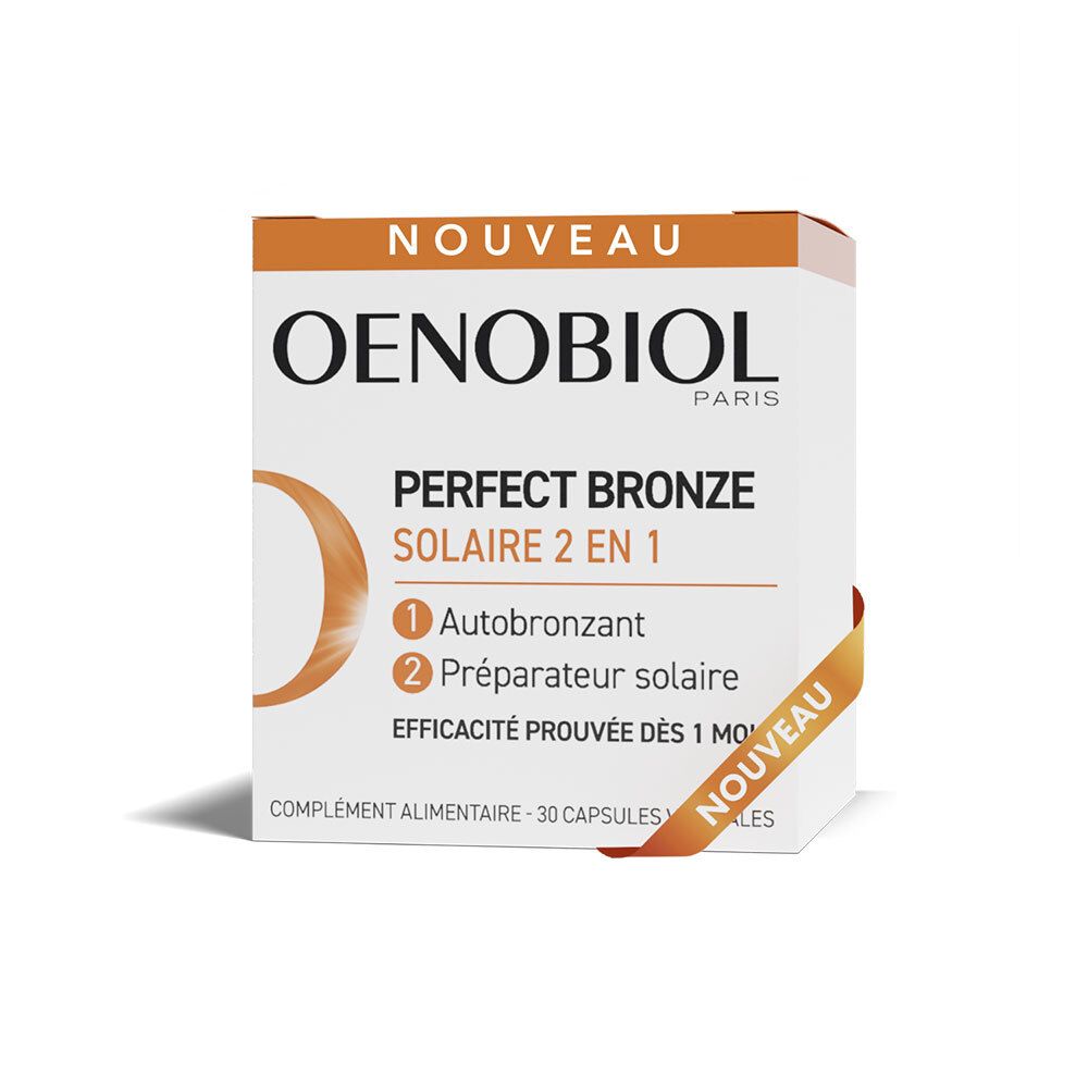 OENOBIOL-Produktbox. Aufschrift: PERFECT BRONZE SOLAIRE 2 EN 1. 30 Kapseln. „NOUVEAU“.