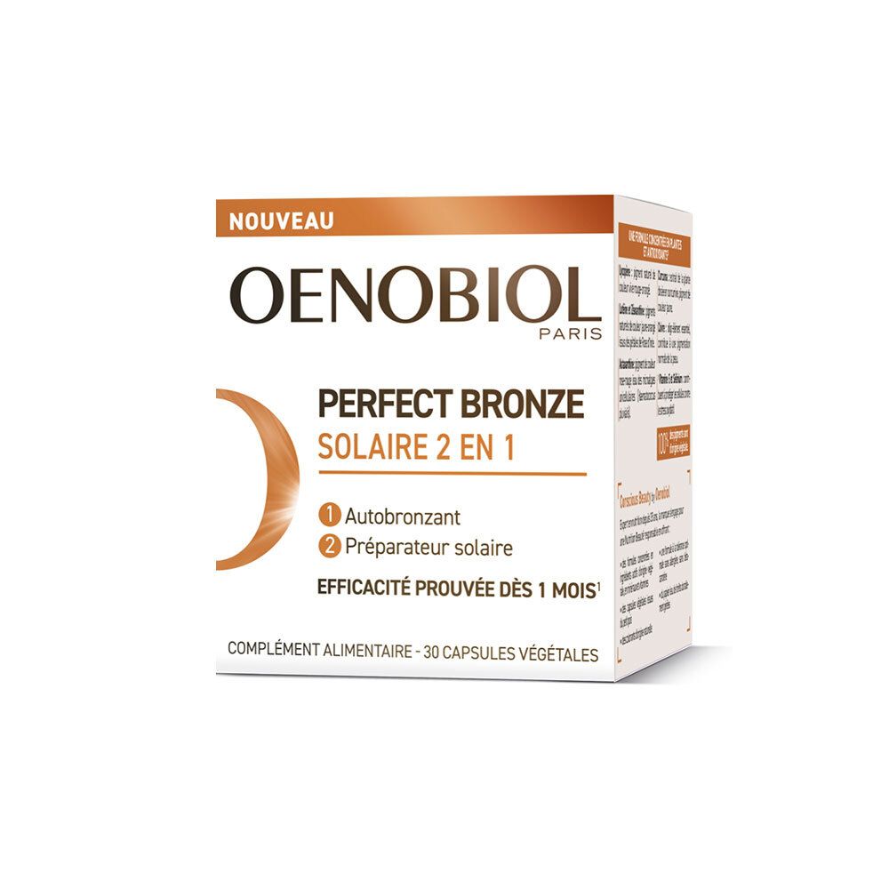 OENOBIOL-Produktbox. Aufschrift: PERFECT BRONZE SOLAIRE 2 EN 1. 30 Kapseln. „NOUVEAU“.
