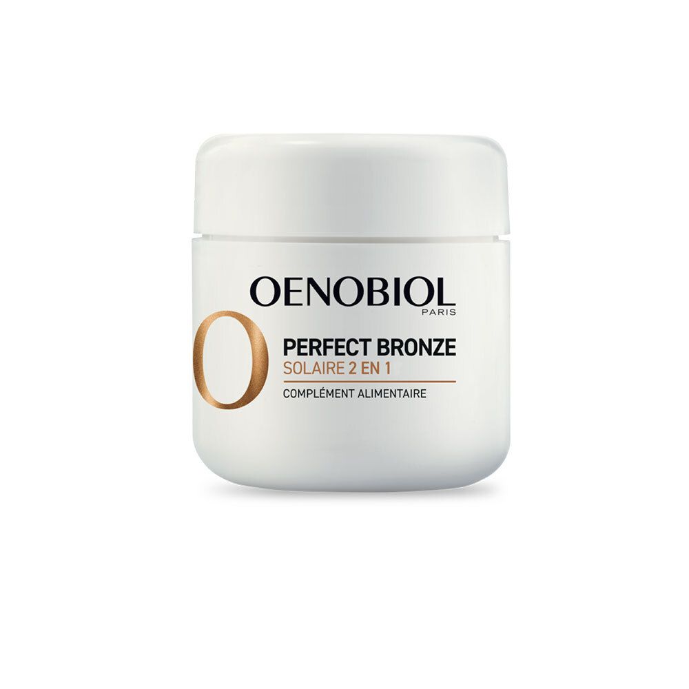 Weiße Dose mit OENOBIOL-Aufschrift. PERFECT BRONZE SOLAIRE 2 EN 1. Deckel mit braunem Kreis.